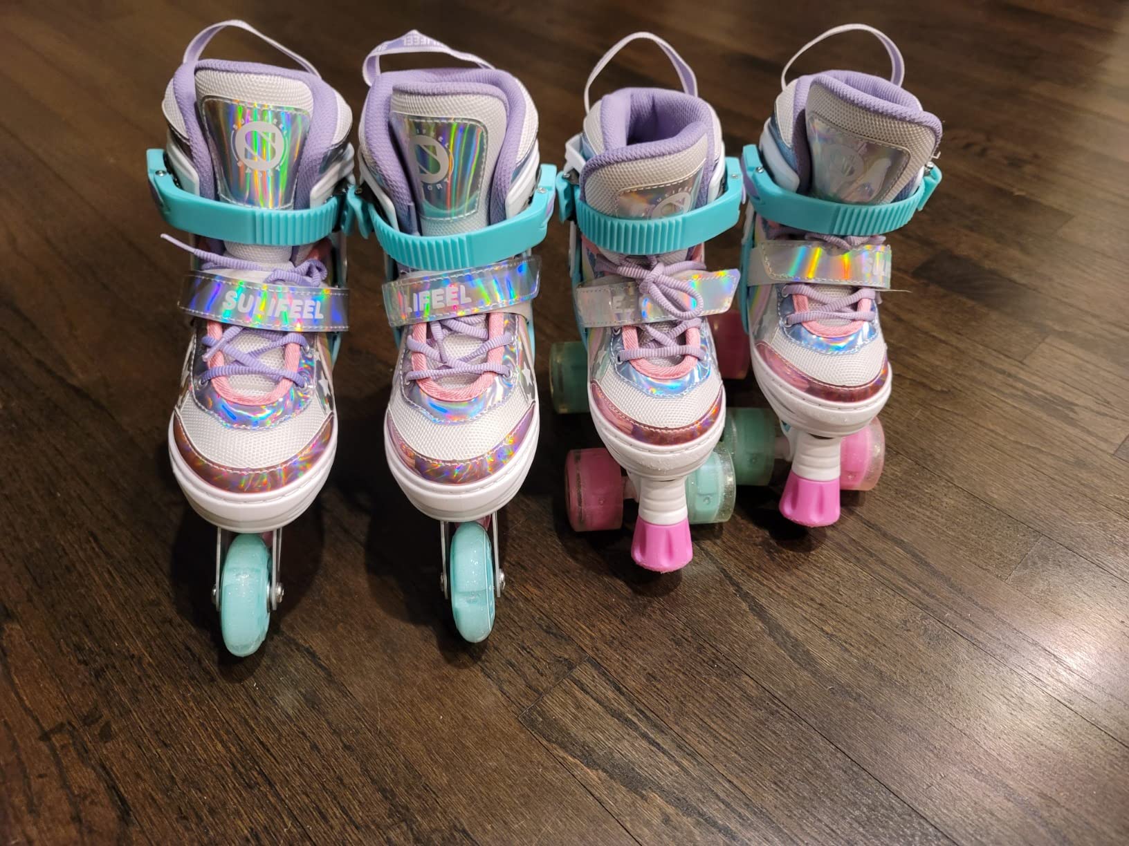 Rainbow Unicorn Inline Skates for Girls Boys 4 Size Adjustable Light up Wheels Skates for Kids Beginner customer photo 1