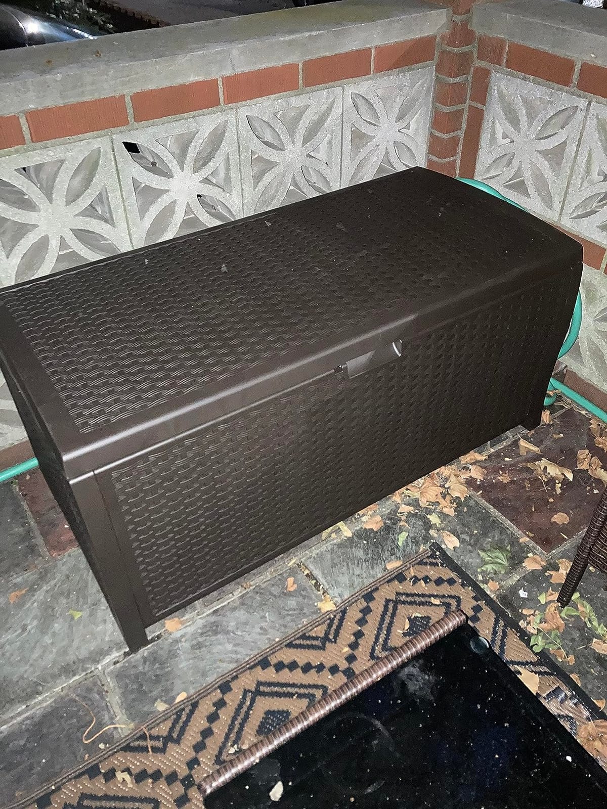 Suncast Outdoor Storage Box - 73 Gallon Mocha Brown Deck Box for Patio, weather-resistant Outdoor Storage Bench, Resin Wicker Style, Heavy-Duty, Lockable Lid for Cushions, Shoes, Pool & Garden Gear customer photo 2