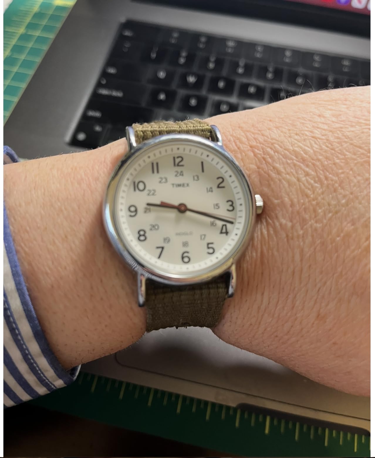 Timex Weekender 38mm Unisex Analog Watch | INDIGLO Backlight | Adjustable Durable Nylon Fabric Slip Through Strap | 24 Hour Time customer photo 2
