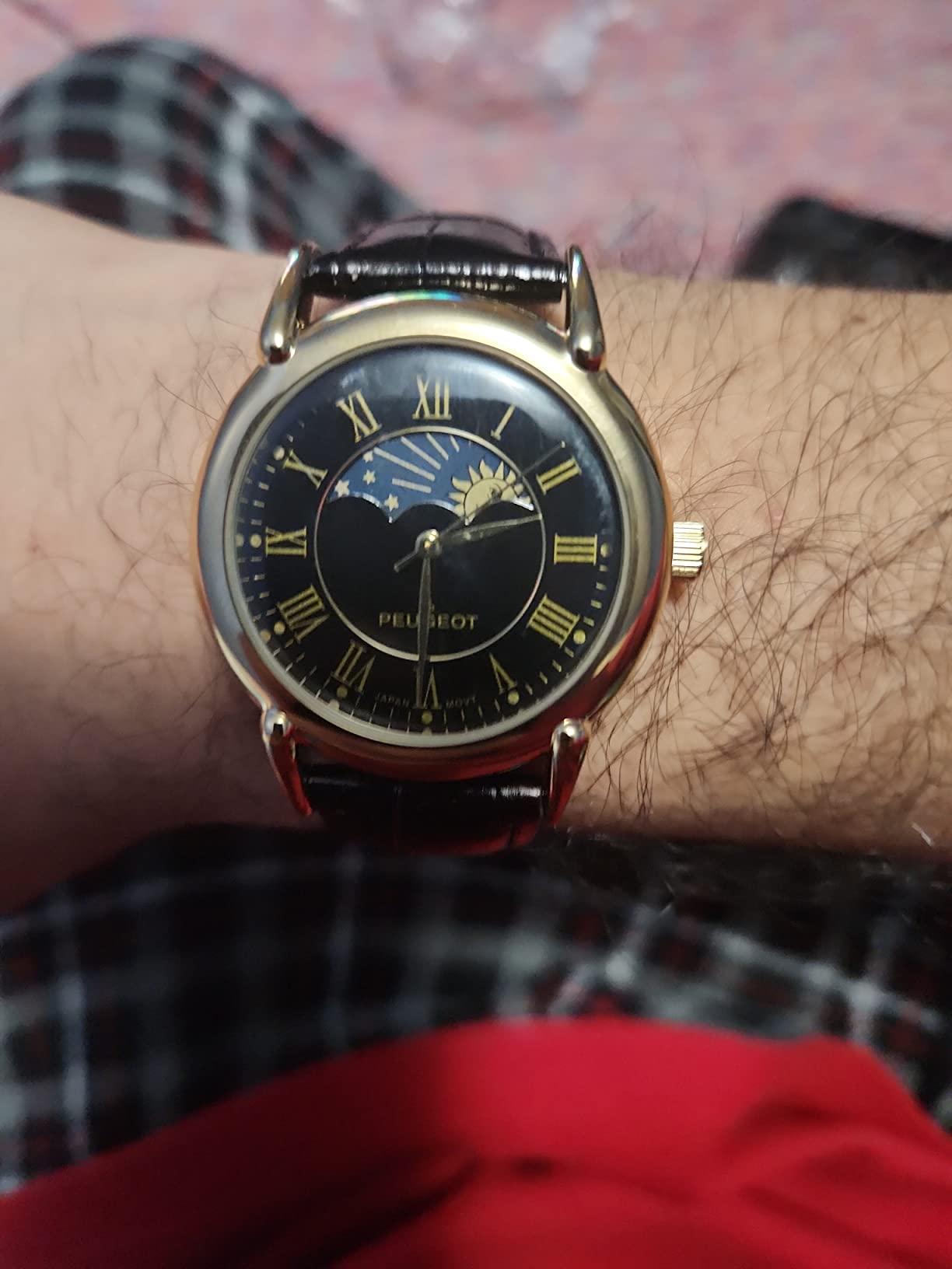 Peugeot Men's 14K Gold Plated Vintage Moon Phase Leather Dress Watch customer photo 1