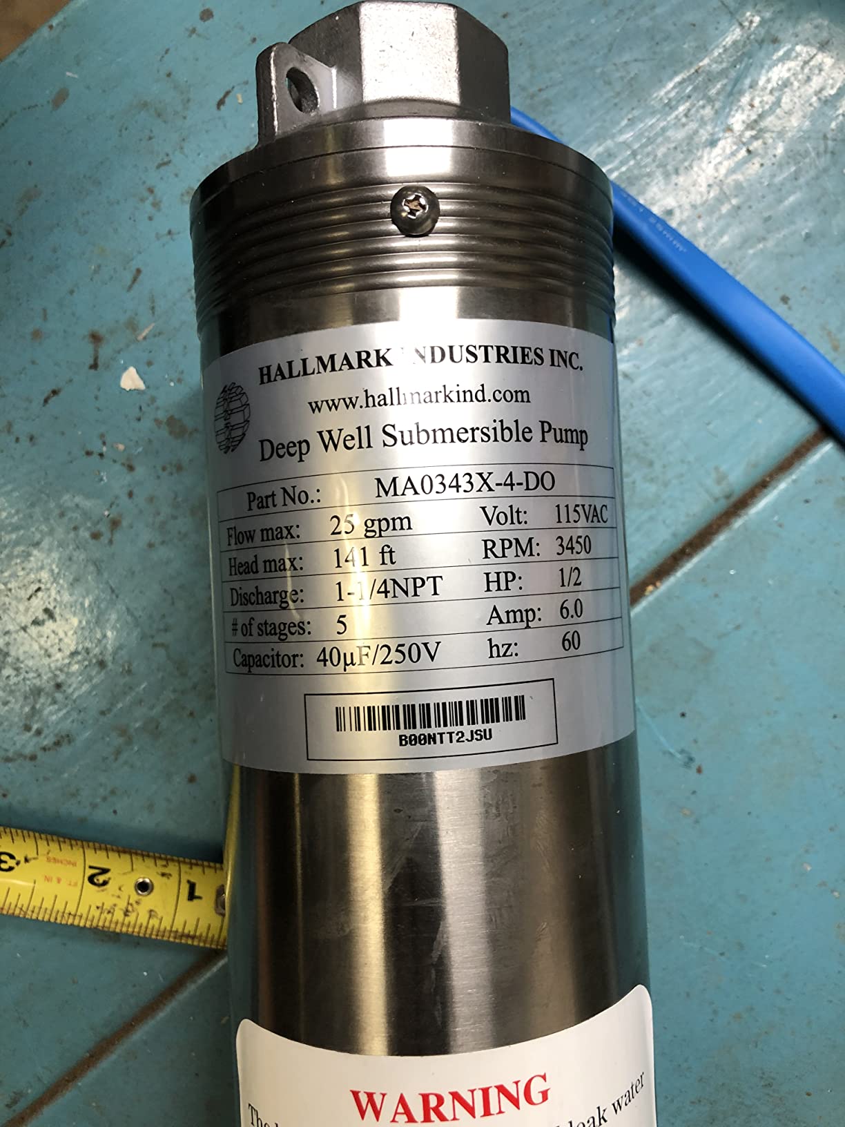 Hallmark Industries MA0343X-4 Deep Well Submersible Pump, 1/2 hp, 110V, 60 Hz, 25 GPM, 150' Head, Stainless Steel, 4