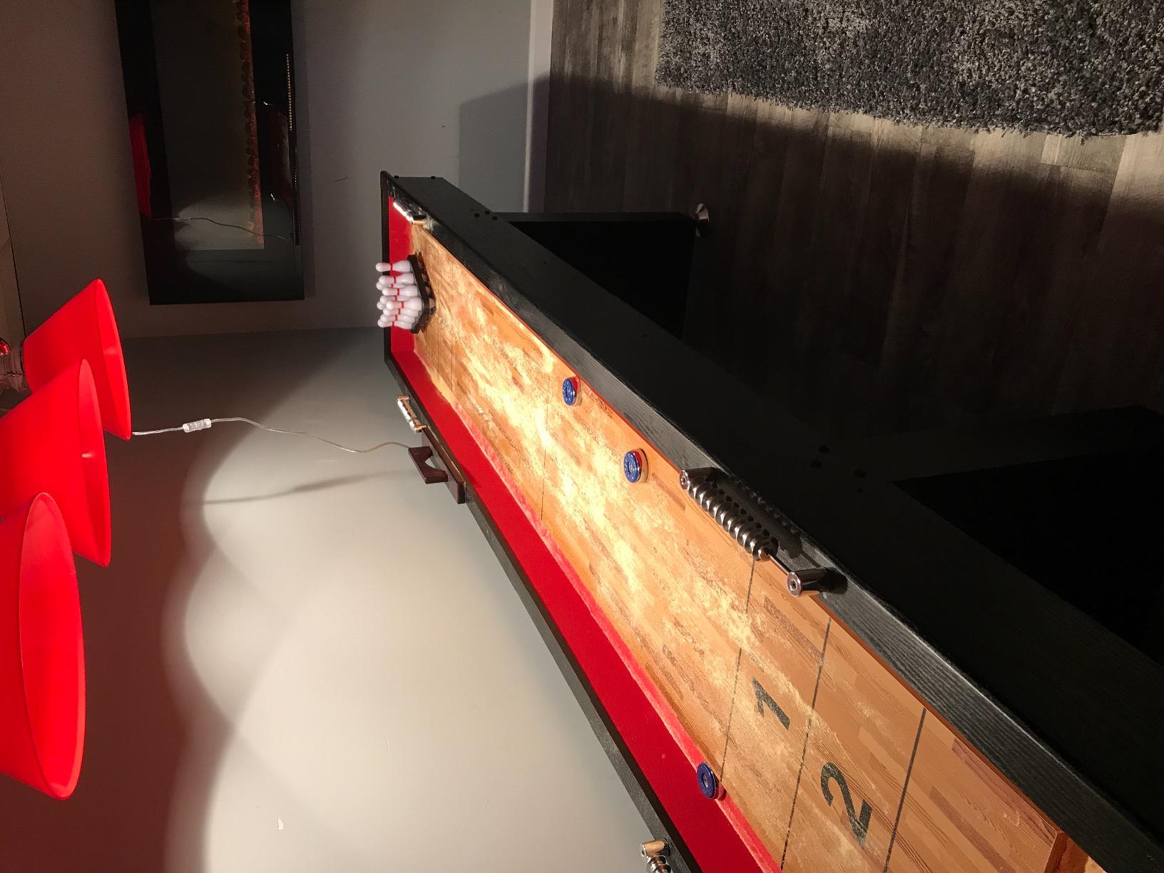 Hathaway Avenger 9 Ft Shuffleboard Table for Family Game Room – Poly-Coated Playfield, Built-in Scorer & Cabinet, Carpeted Gutters, 8 Pucks, Brush & Wax – Black Finish customer photo 2