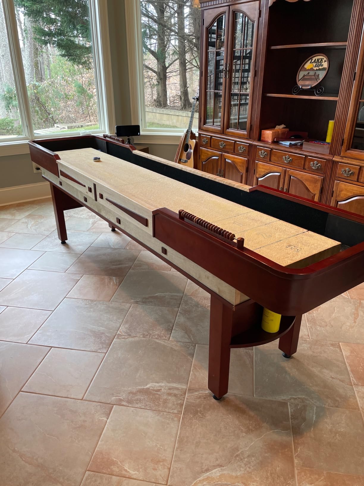 Hathaway Merlot 12 Foot Shuffleboard Table for Family Game Room - with Lacquer Coated Playfield, Built-in Scorer and Cabinet, Climate Adjusters, Leg Levelers, 8 Pucks, Brush, and Wax - Walnut Finish customer photo 1