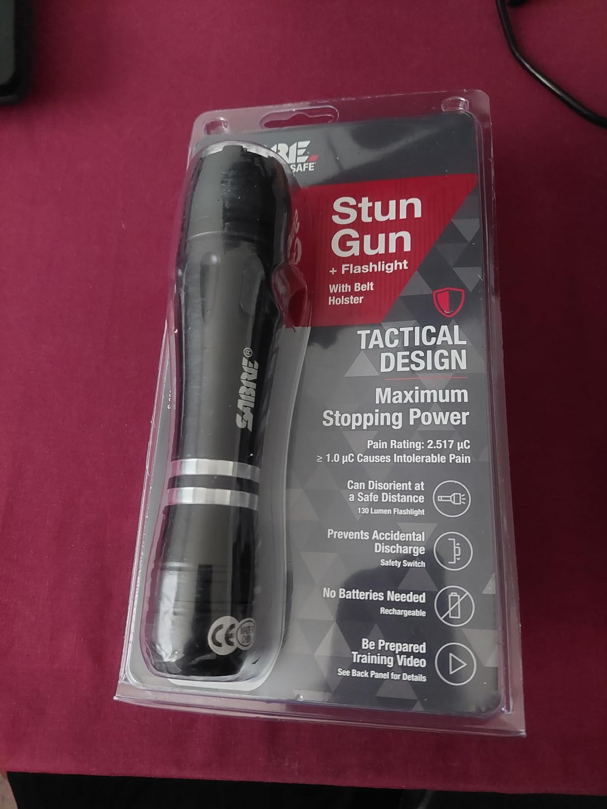SABRE 2-in-1 Tactical Stun Gun with LED Flashlight, Self Defense Stun Gun with 2.517 µC Charge Produces Intolerable Pain, 130 Lumen LED Light, Safety Switch, Belt Holster, Rechargeable Battery customer photo 1