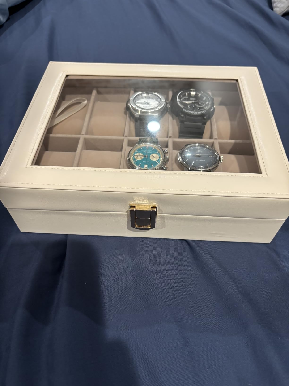 SONGMICS Watch Box, 12-Slot Watch Case Organizer with Large Glass Lid, Removable Pillows, Gift for Loved Ones, Black Synthetic Leather, Gray Lining UJWB12BK customer photo 1