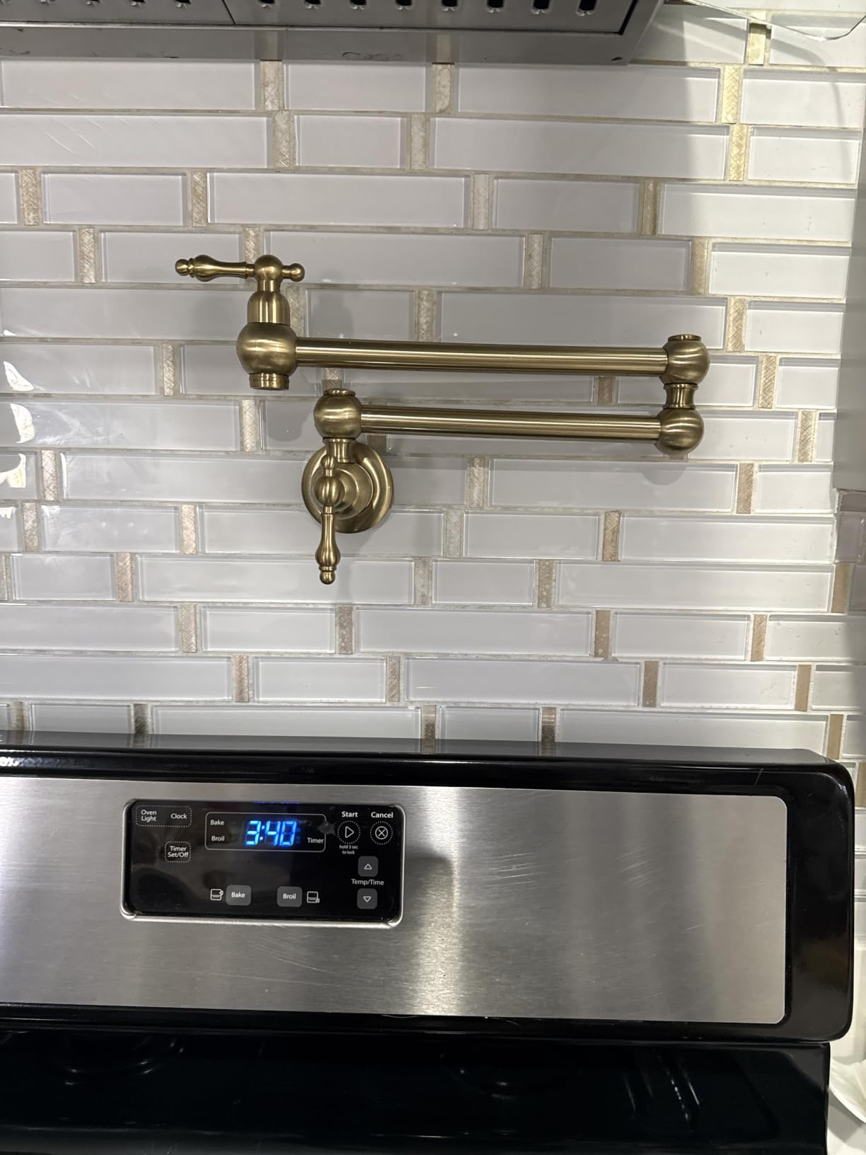 Pot Filler Faucet Brushed Nickel - WOWOW Solid Brass Pot Filler Wall-Mounted Pasta Faucet with Double Joint Swing Arm for Kitchen Over Stove customer photo 1