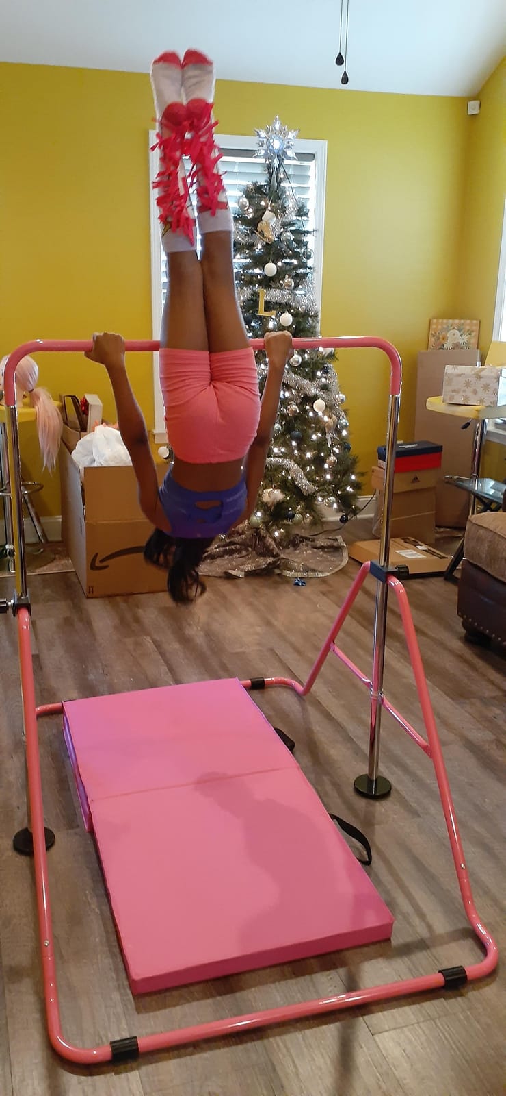 Amrta Foldable Gymnastics Bar with Rings, Adjustable Collapsible Horizontal Training Equipment Set for Indoor Outdoor Home Use Gym Gift in Pink Purple Blue customer photo 2