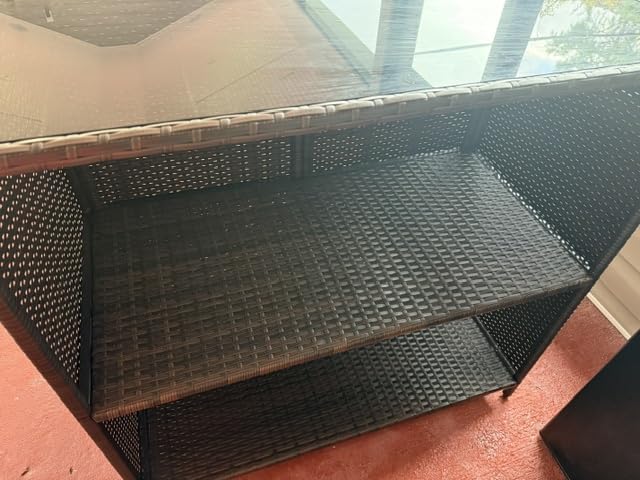 Yaheetech 3pcs Outdoor Bar Set, Patio Wicker Bar Furniture with 2 Storage Shelves, Glass Top Table, Cushions and Two Stools, Brown/Khaki customer photo 2
