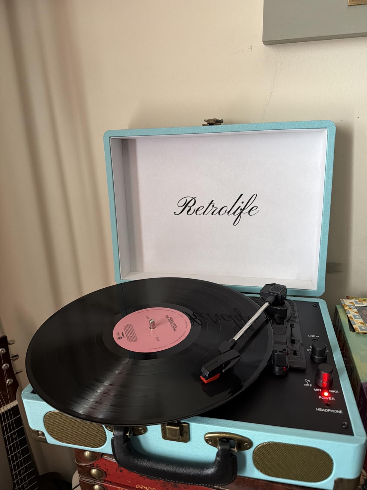 Retrolife Vinyl Record Player with Speakers, Bluetooth Vinyl Player-Black | Portable, 3-Speed BT Turntable, Belt-Driven, RCA Line Out & Headphone Jack, Auto Stop, Plays 7/10/12