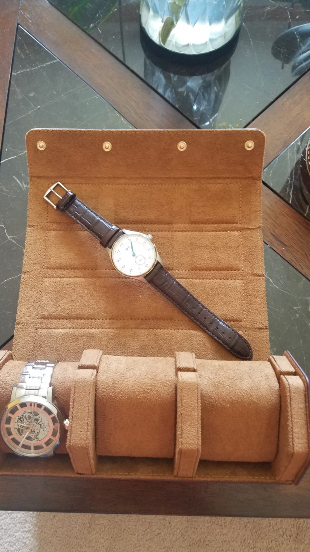 QWATCHBANDS Leather Watch Roll Travel Case for 3 Watches, Brown/Gray customer photo 1