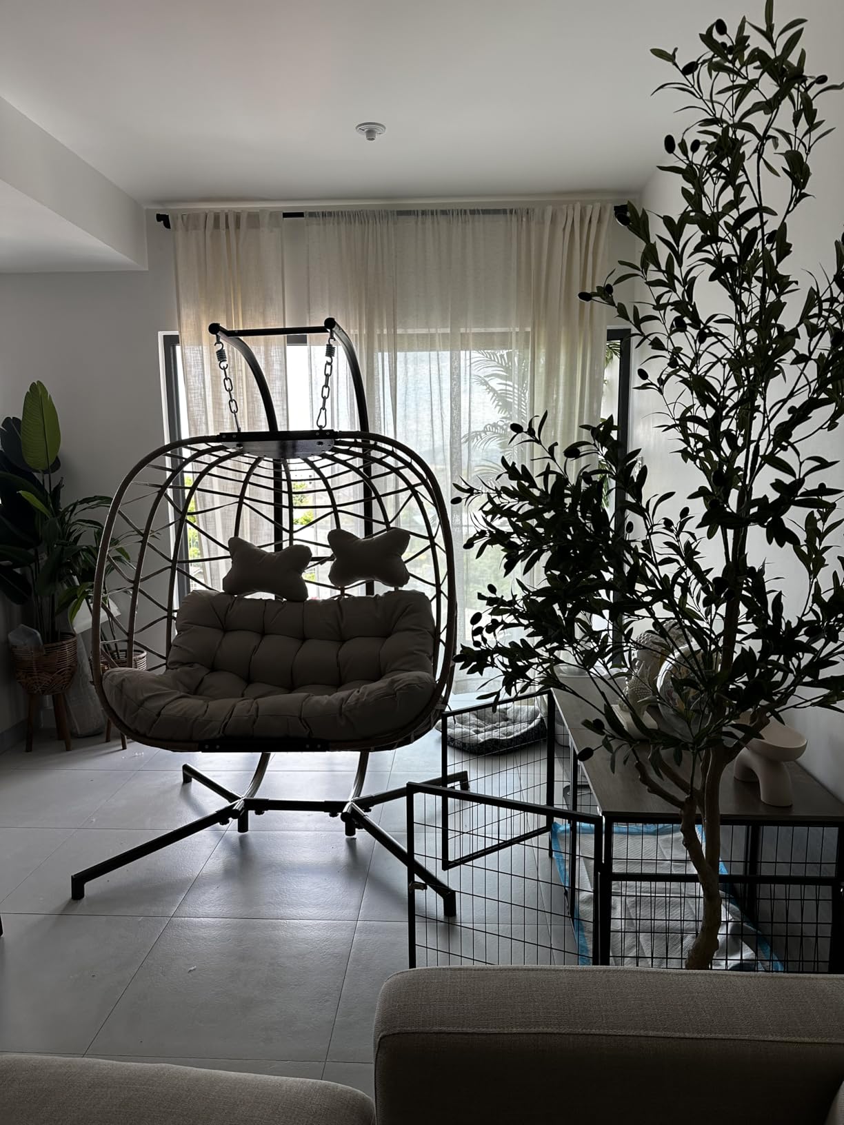 NICESOUL Cozy Hanging Egg Chair with Stand Indoor Outdoor, Wicker Patio Basket Swing Chair with Cushion and Golden Legs, 350lbs Durable Sturdy Egg Hammock Chairs for Deck Balcony Backyard Porch, Cream customer photo 2
