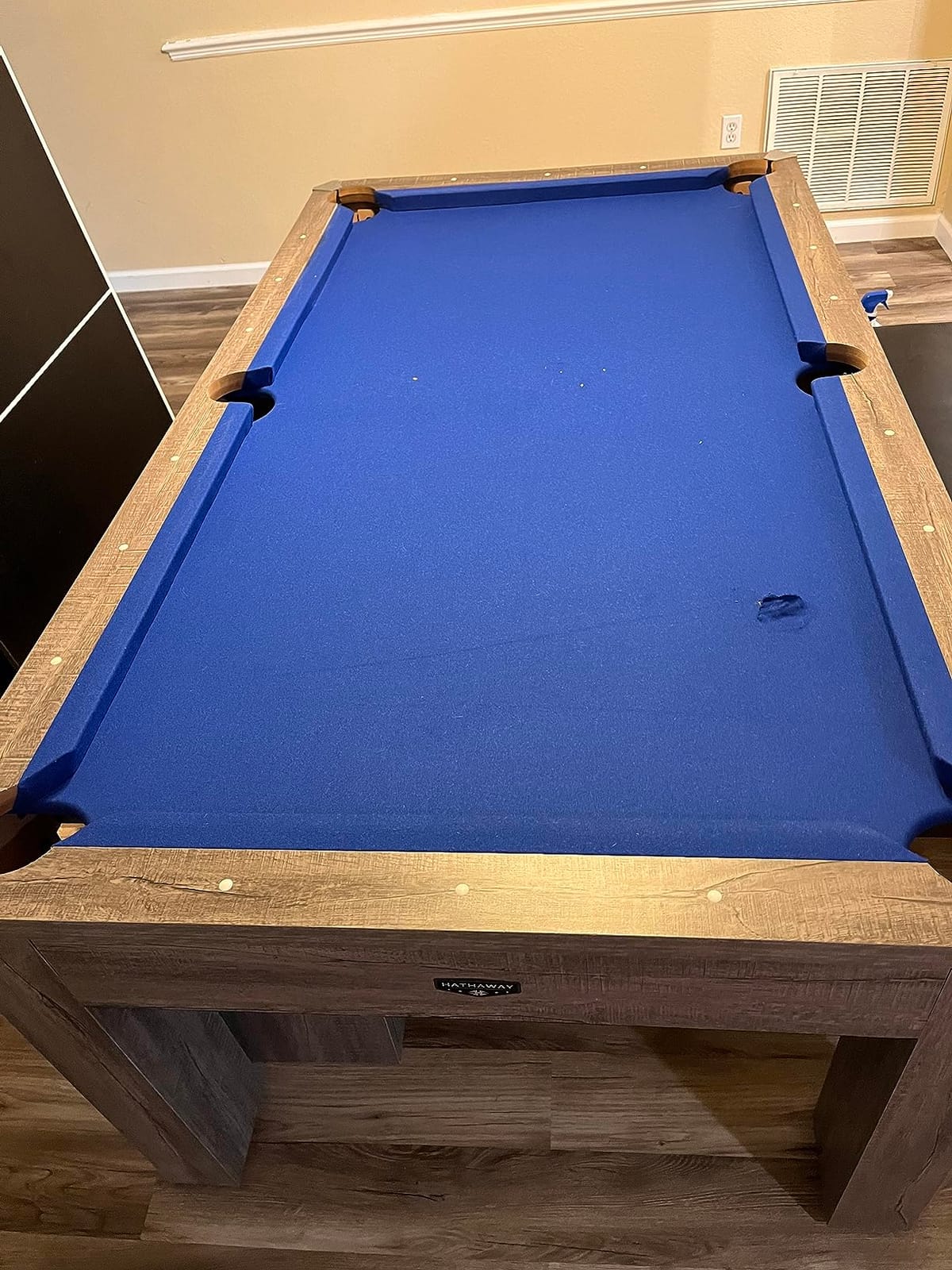 Hathaway Newport 7 Foot Pool Table Combo – 3 in 1 Game Table with Reversable Table Tennis Top & Dining Top – Includes Game Accessories & Two Benches – Chrome Accents, Rustic Gray Finish, Blue Felt customer photo 1