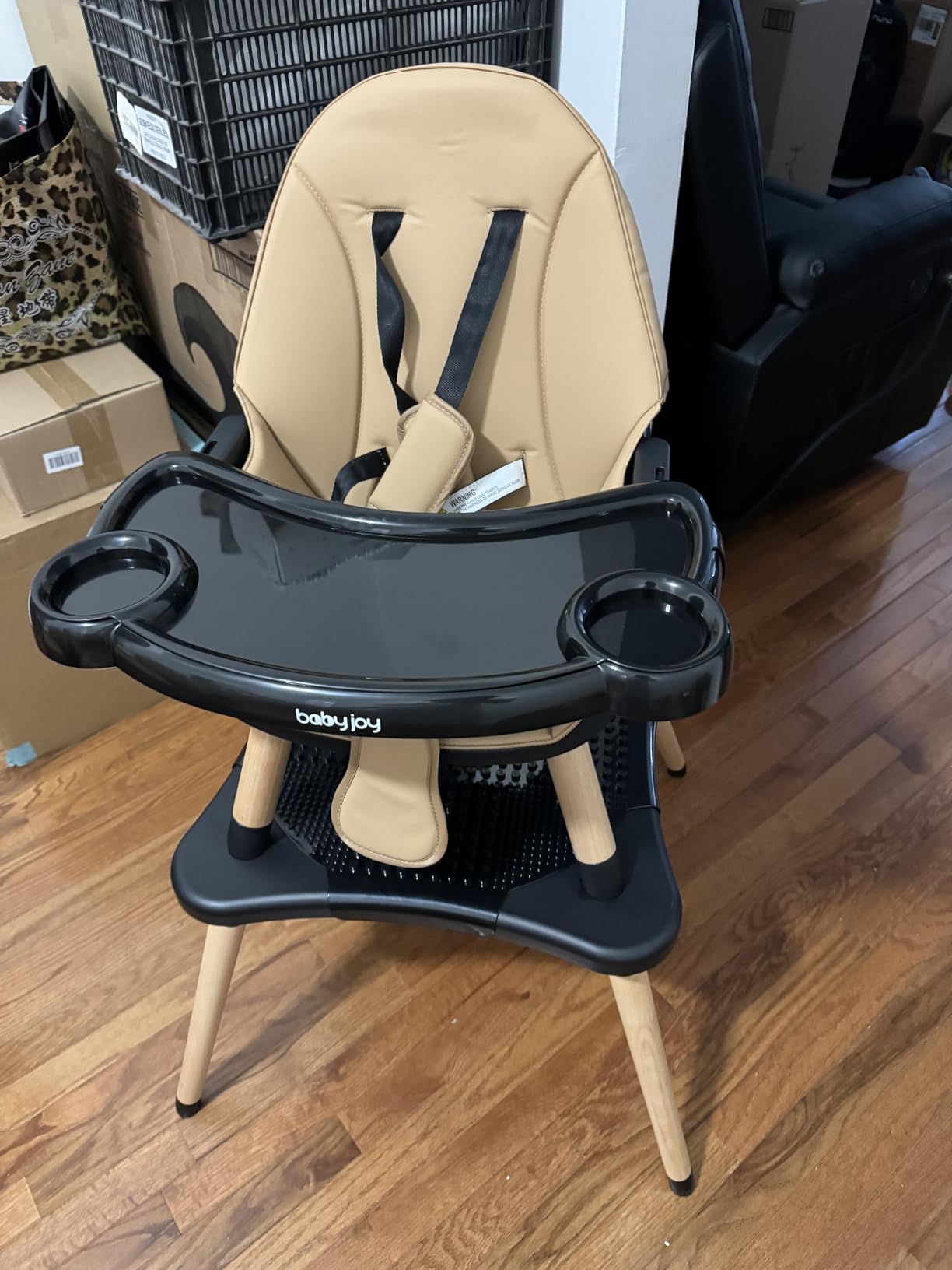 HONEY JOY Baby High Chair, 6-in-1 Convertible Wooden Highchair for Babies and Toddlers/Table Set/Toddler Chair with Safety Harness, 4-Position Removable Feeding Tray (Coffee) customer photo 1