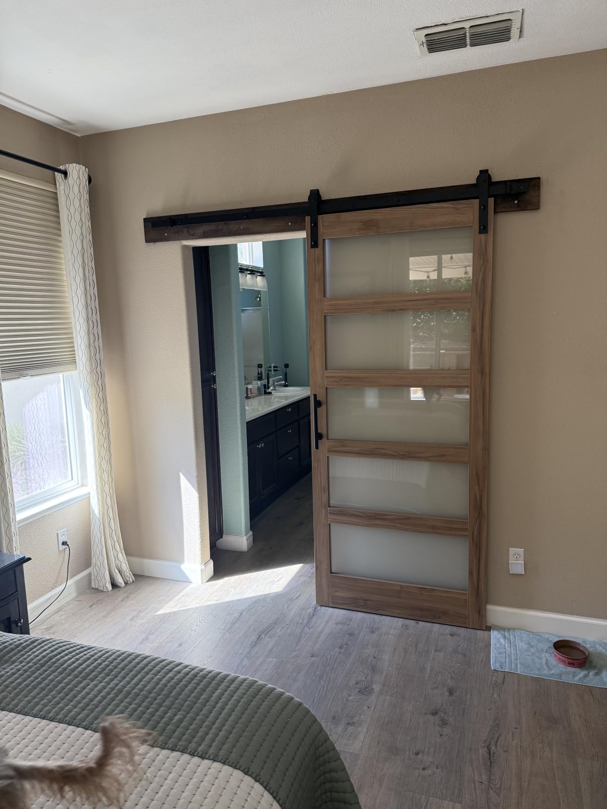 FREDBECK 36 x 84 inch Glass Barn Door with 6.6FT Track Kit, Interior Doors | Fit for 32in-34in Opening Handle Included,5-Panel Frosted Glass, Water-Proof Surface,Pre-Drilled Holes,Need Assembly customer photo 2