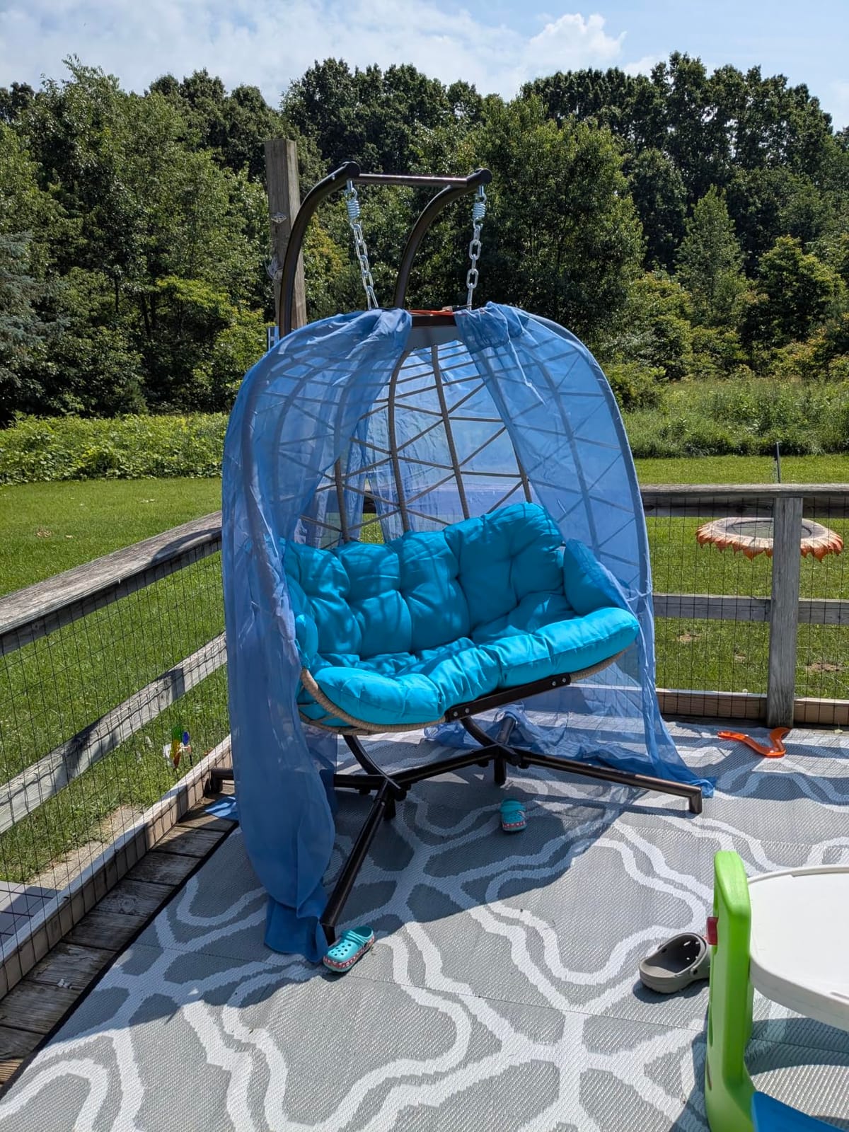 NICESOUL Double Swing Egg Chair with Stand, Extra Large 2 Person Indoor Outdoor Wicker Loveseat, Oversized Patio Hanging Basket Chair with Cushions, Cozy Sturdy Porch Swing for Backyard Balcony, Beige customer photo 1