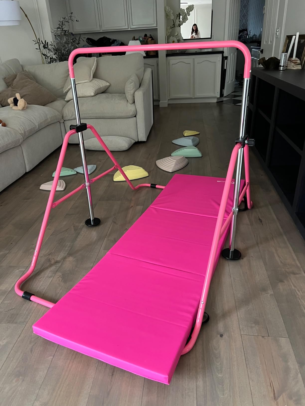 Sportsroyals Gymnastics Bar for Kids,Adjustable Height Gymnastic Horizontal Bars,Folding Gymnastic Junior Training Kip Bar for Home, Pink customer photo 2