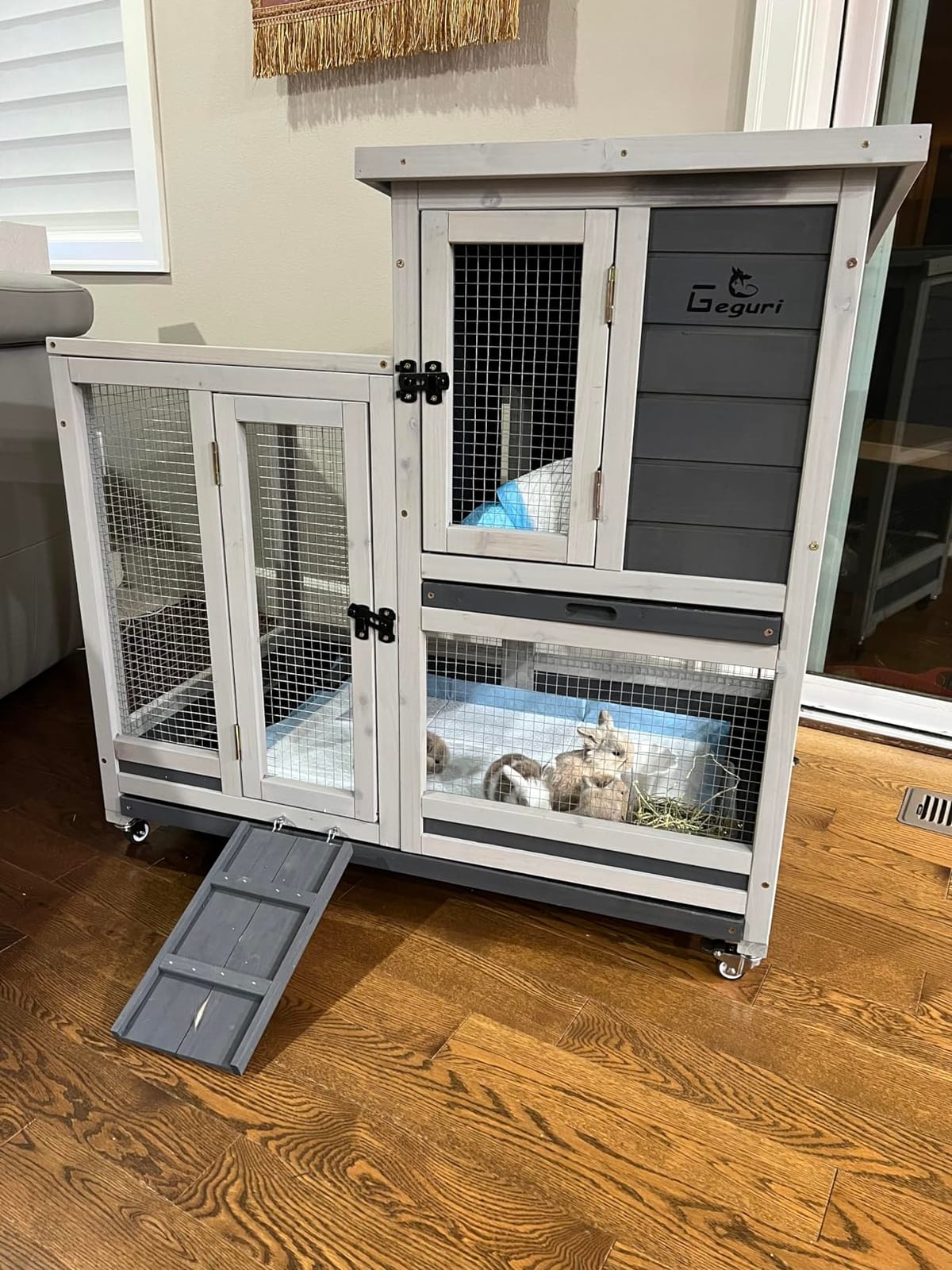 GEGURI Wooden Rabbit Hutch, Indoor Outdoor Chicken Coop Bunny Cage with Waterproof Roof customer photo 1