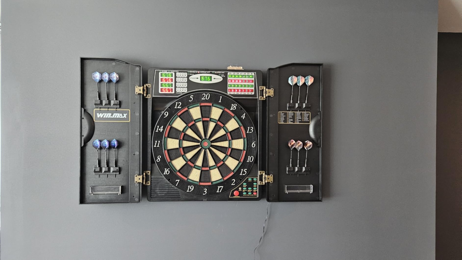 Electronic Dart Board LED Electric Digital Boards with Cabinet 12 Darts | 38 Games with 211 Variations,Low Bounce-Outs,for 16 Players; 5 Levels Cyber Play; 12 Darts and Accessories customer photo 2