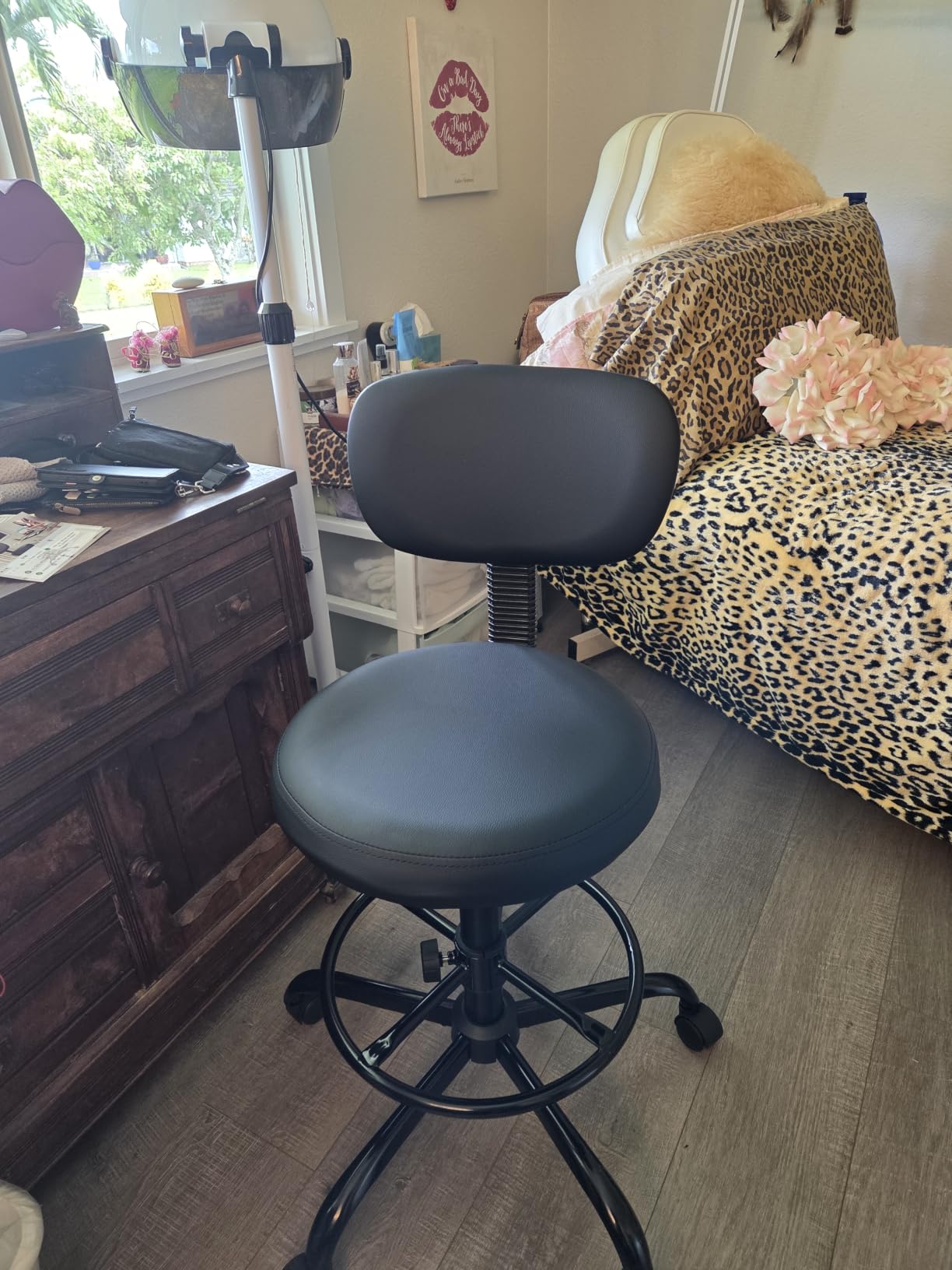 Brick Attic Drafting Chair with Backrest - Adjustable Foot Rest Rolling Stool with Wheels, PU Leather Swivel Stool for Office Spa Studio Lab Counter Salon Home Work Bar Kitchen Shop(Black) customer photo 1