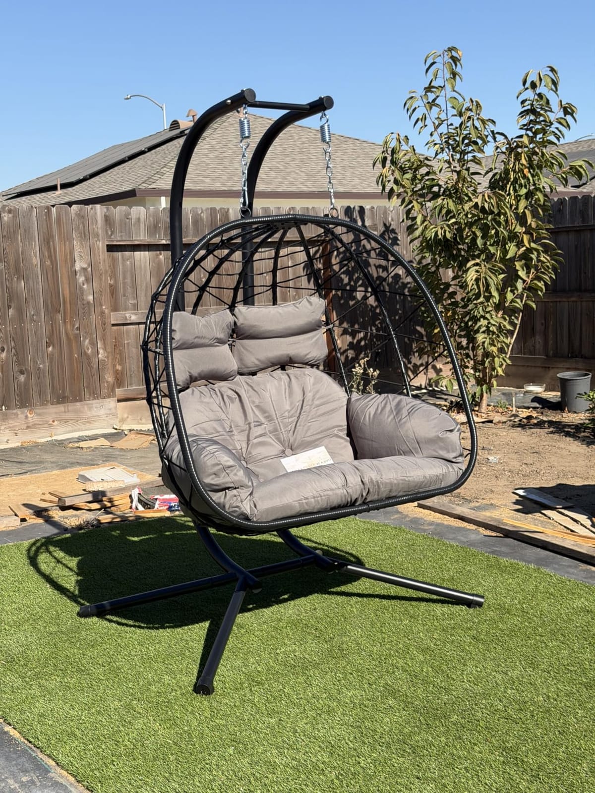 Double Egg Chair with Stand Hammock Swing Chair Foldable Hanging Loveseat, UV Resistant Removable Cushions, 700LBS Capacity for Bedroom, Balcony, Garden(BK-GR) customer photo 2