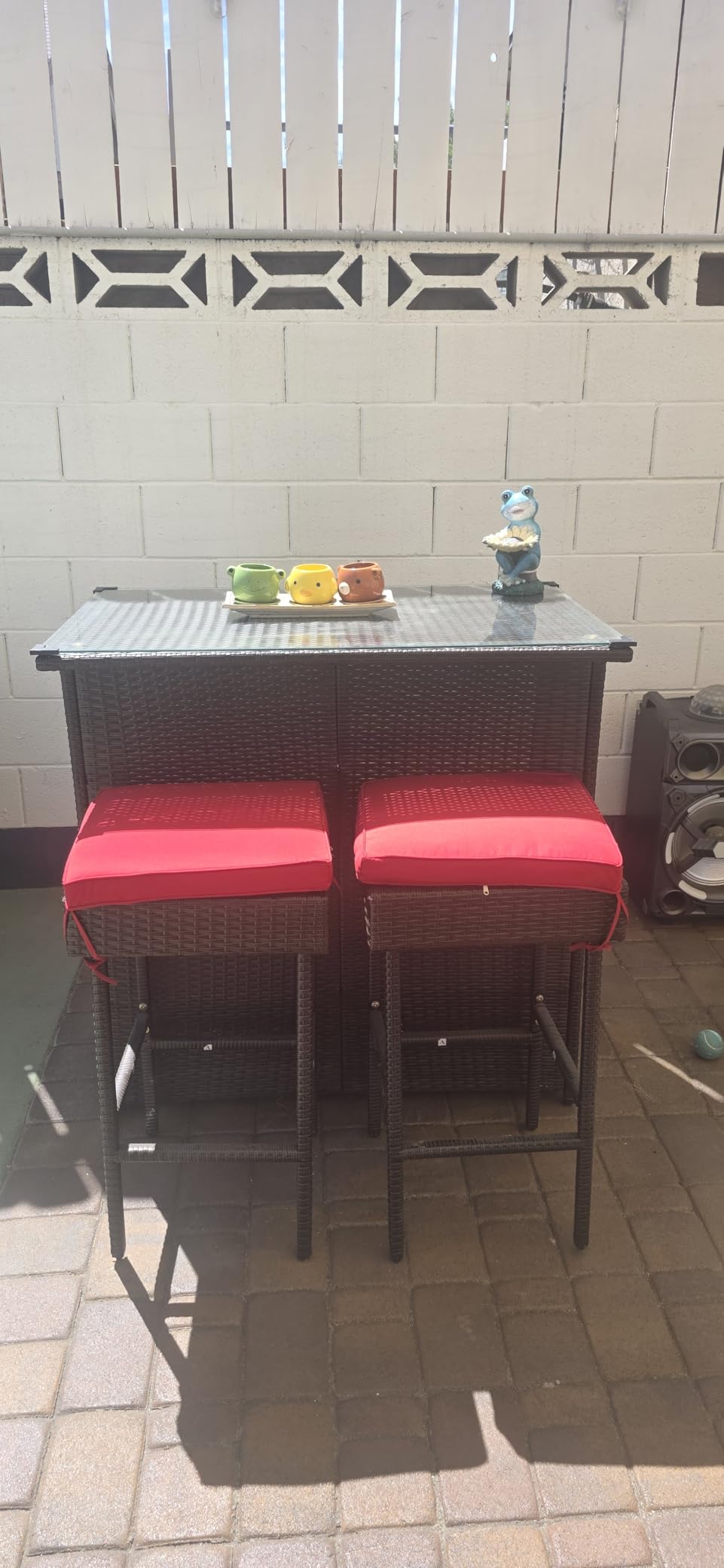 Tangkula 3 Piece Patio Bar Set, Outdoor Rattan Bar Table and 2 Stools with Tempered Glass Tabletop, 2-Tier Storage, Removable Cushions, Outside Wicker Conversation Set customer photo 1