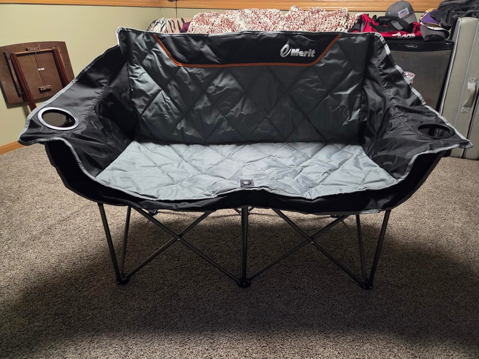 EMERIT Oversized Fully Padded Camping Chair, Heavy Duty 650LB Folding Camping Loveseat, Quad Fold Double Camping Couch with Cup Holders & Carry Bag for Outdoor, Lawn, Sports Events Black customer photo 1
