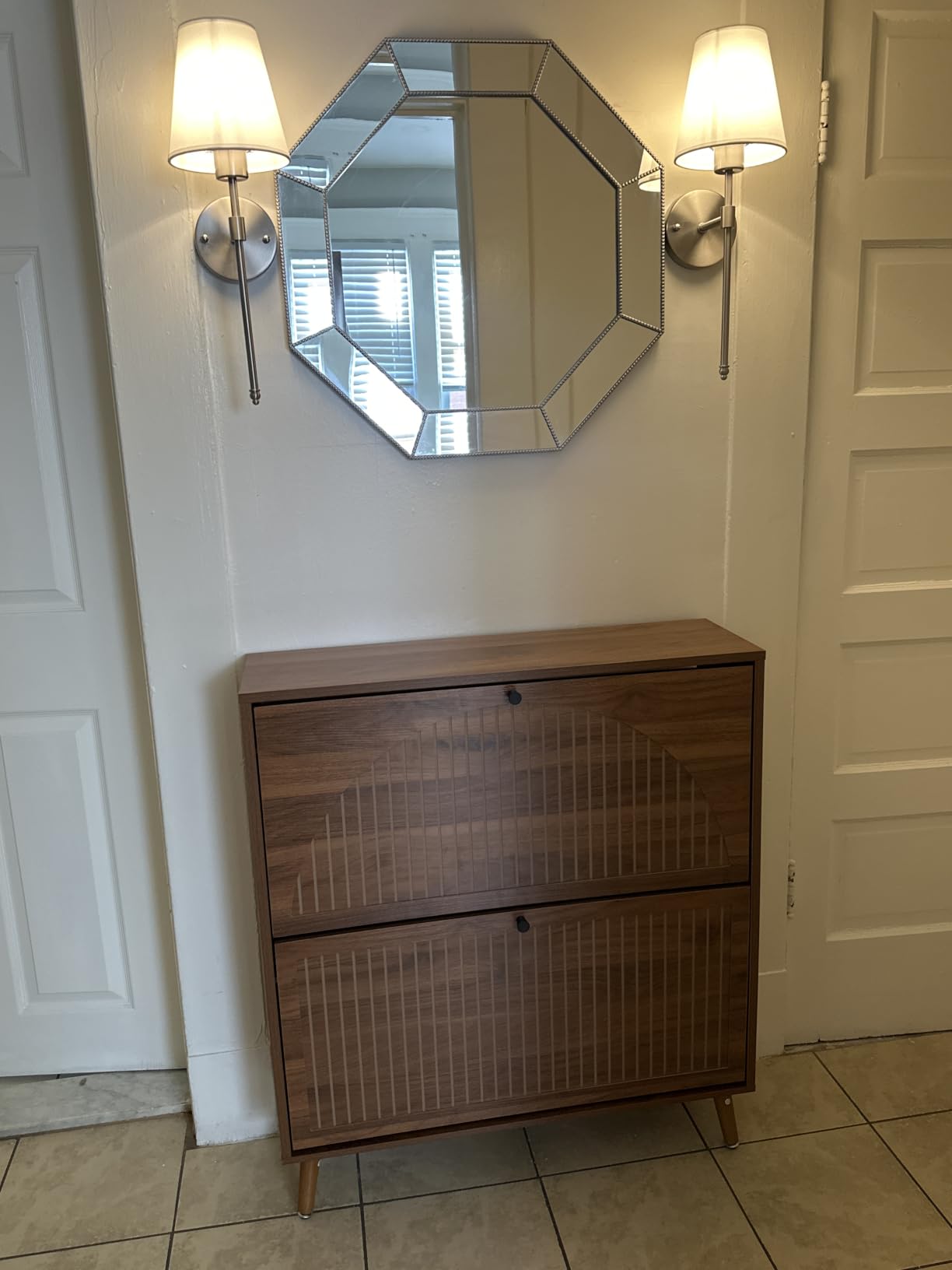 Fsbecl Shoe Storage Cabinet for Entryway with 2 Fluted Flip Drawers, Walnut | Narrow Design, Freestanding Shoe Rack with Adjustment Shelves, Wooden Hidden Organizer for Hallway Foyer, 12-16 Pairs customer photo 2
