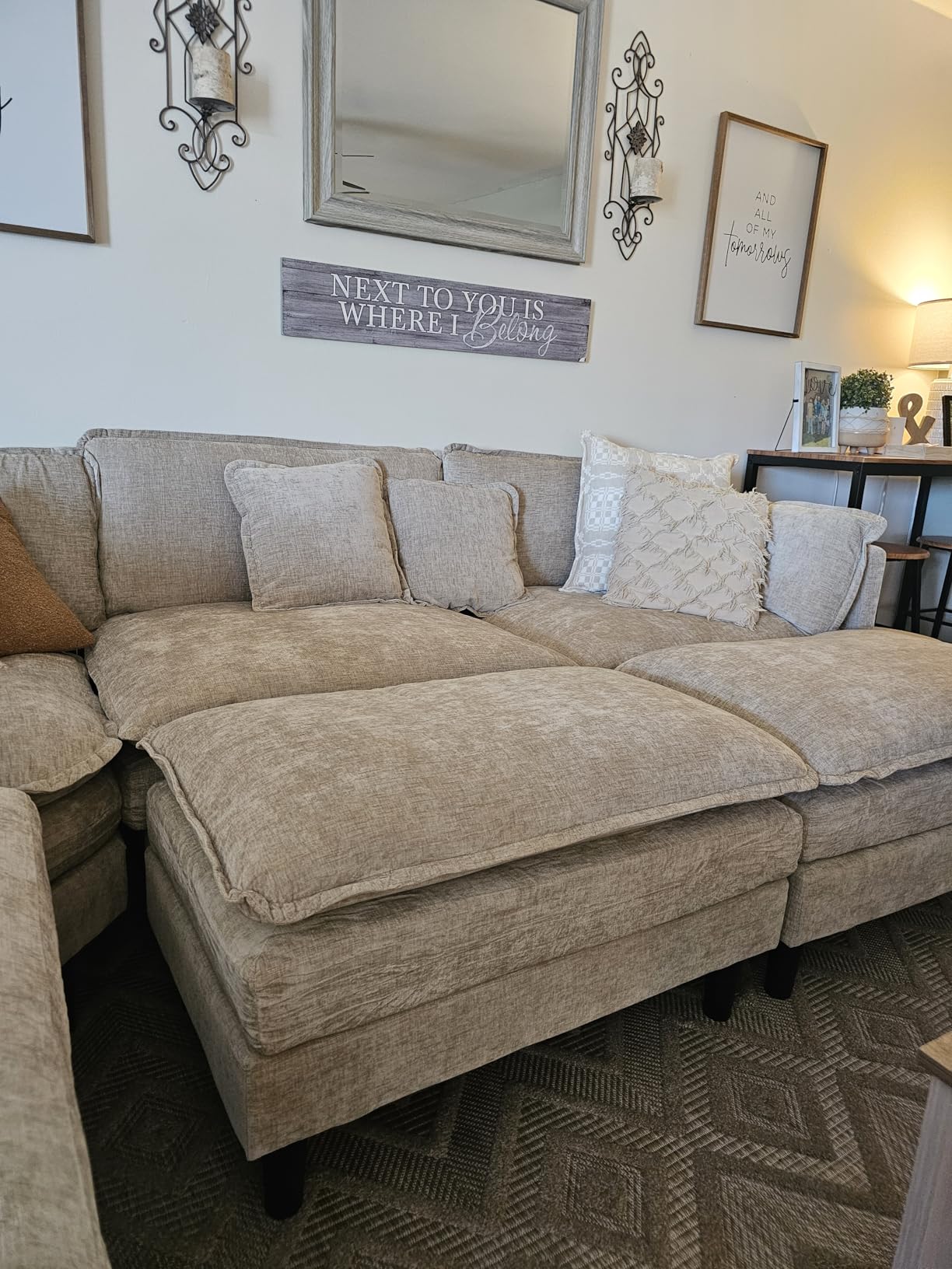 Oversized Modular Sectional Sofa, 7 Seater Deep Seat Cloud Couch Sectional | Chenille Corner Couch, 7 Pillows, 2 Movable Ottomans, For Spacious Living Room Reception Rooms, Large Families, Camel customer photo 2