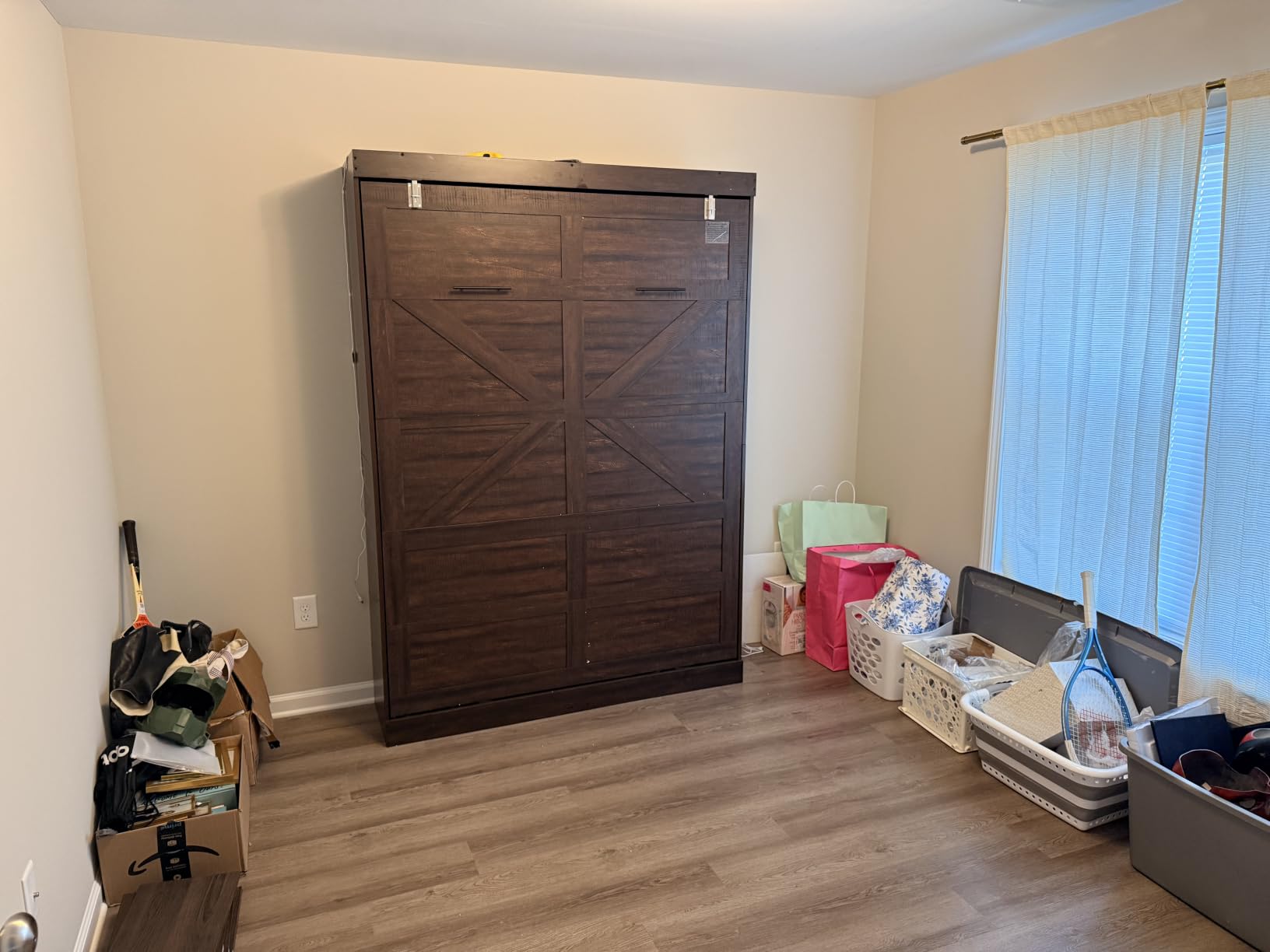 Hlivelood Queen Size Murphy Bed with 2 LED Lights, Farmhouse Wood Hidden Foldable Wall Bed Frame w/Gas Struts, Storage Bed Cabinet for Bedroom, Office, Space-Saving, No Box Spring Needed, Rustic White customer photo 2