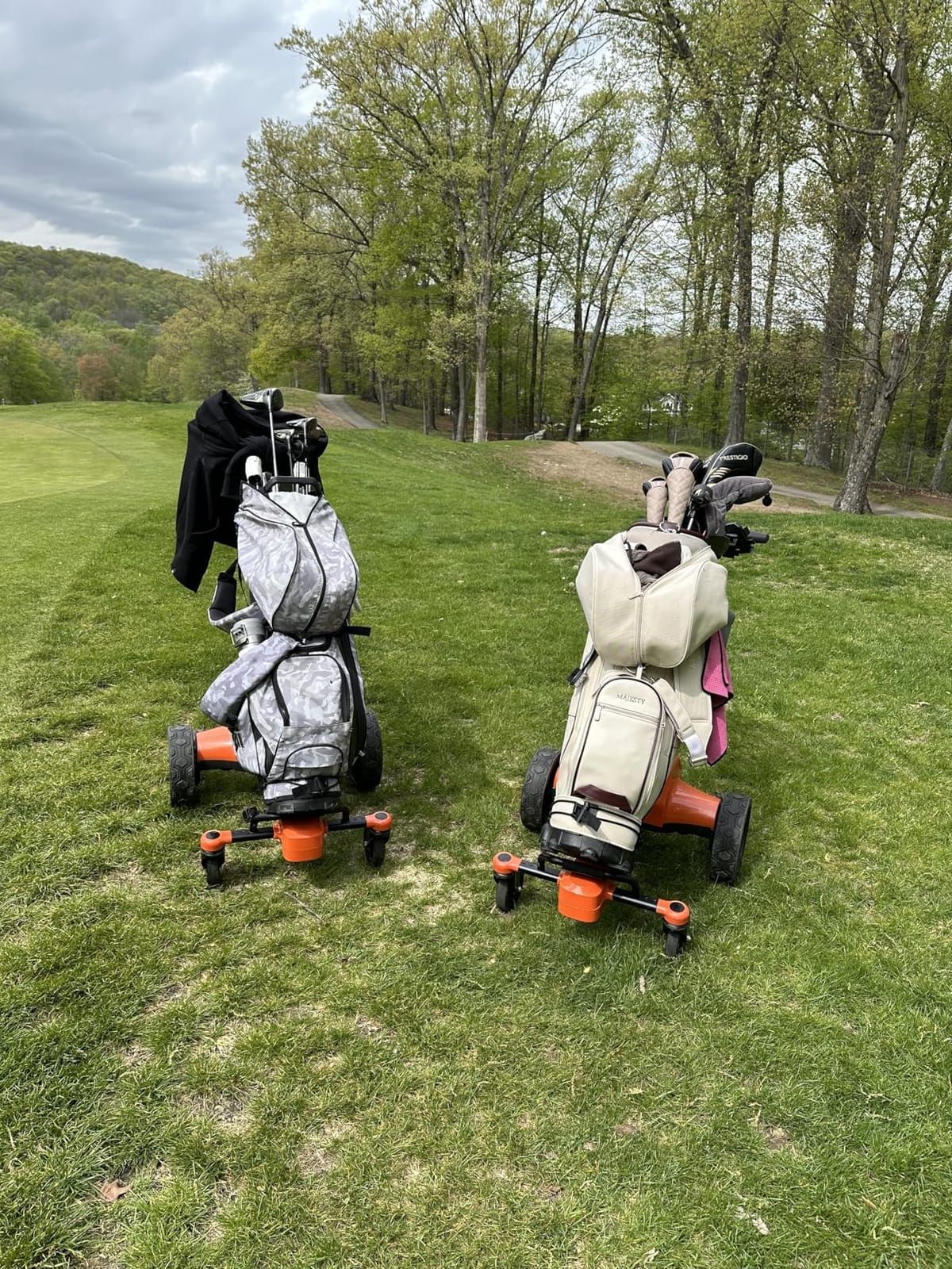 tianhong G5 Electric Golf Cart,Electric Golf Push cart Auto-Follow You,45 Hole Battery,All-Terrain Anti-Tipping,Electric Golf Push cart with Remote(APP/Manual Control), Foldable,Black+Orange customer photo 1