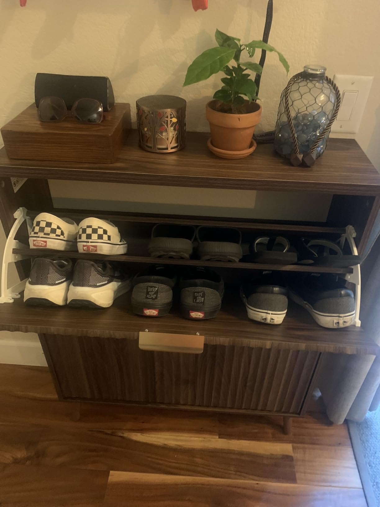 Shoe Cabinet Storage, Modern Freestanding Organizer with 2 Flip Drawers, Narrow Shoe Rack for Entryway, Walnut customer photo 2