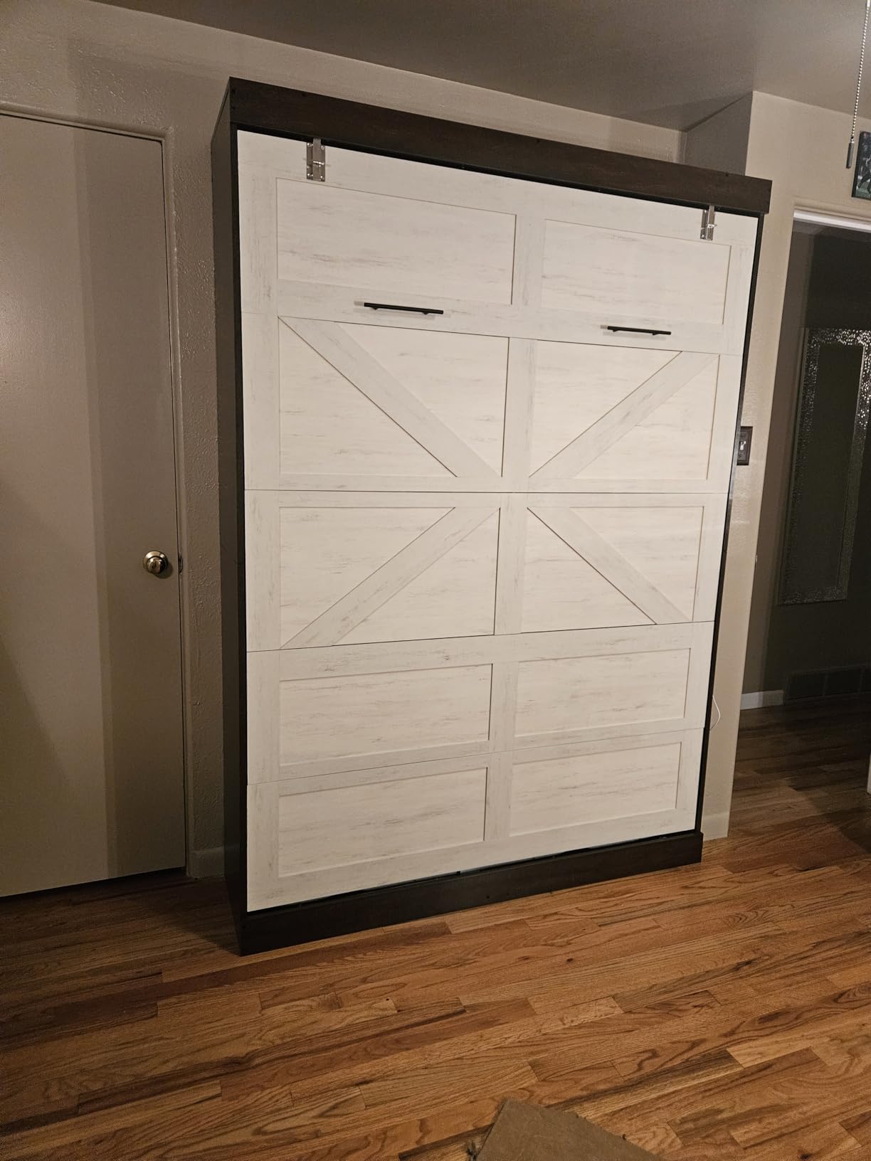 Hlivelood Queen Size Murphy Bed with 2 LED Lights, Farmhouse Wood Hidden Foldable Wall Bed Frame w/Gas Struts, Storage Bed Cabinet for Bedroom, Office, Space-Saving, No Box Spring Needed, Brown customer photo 1