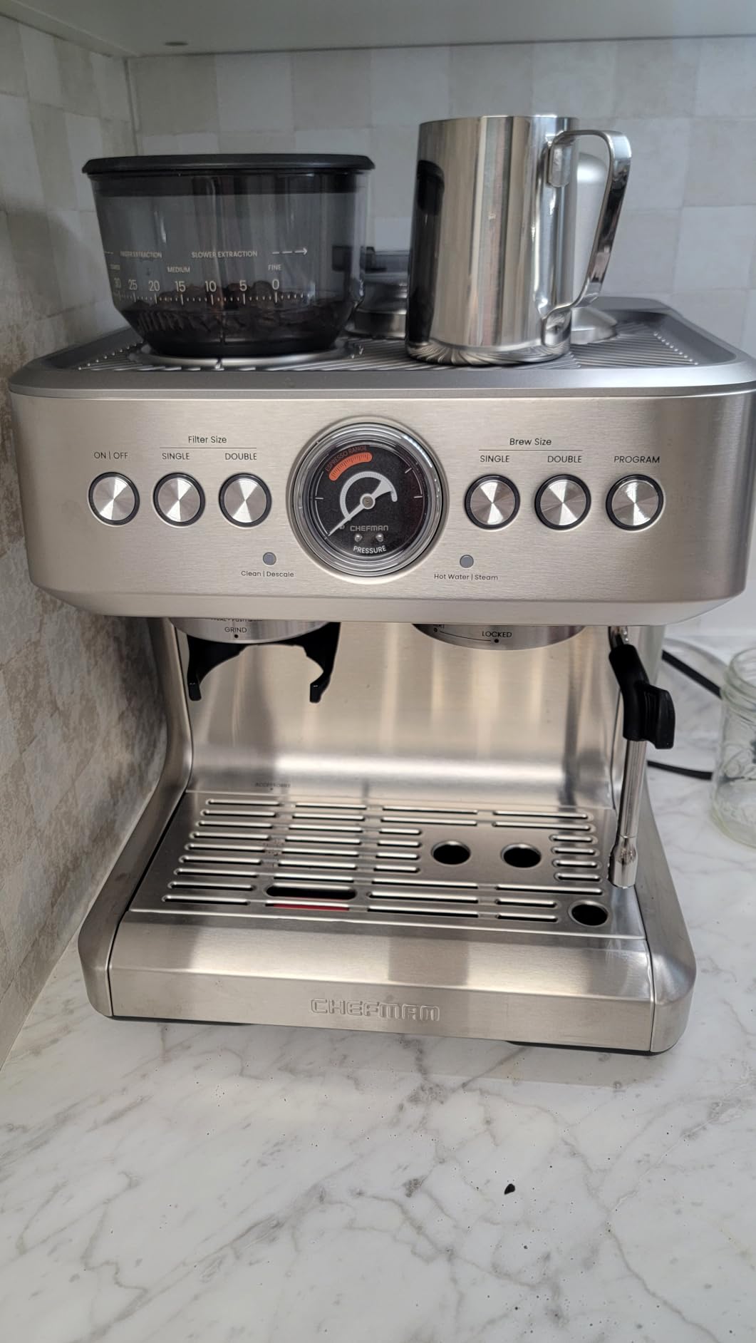 Chefman Crema Supreme 15 Bar Espresso Machine with Milk Frother, Barista Steam Wand, Professional Coffee Maker with Coffee Grinder, 30 Grind Settings, 3L Removable Water Tank - Stainless Steel customer photo 1