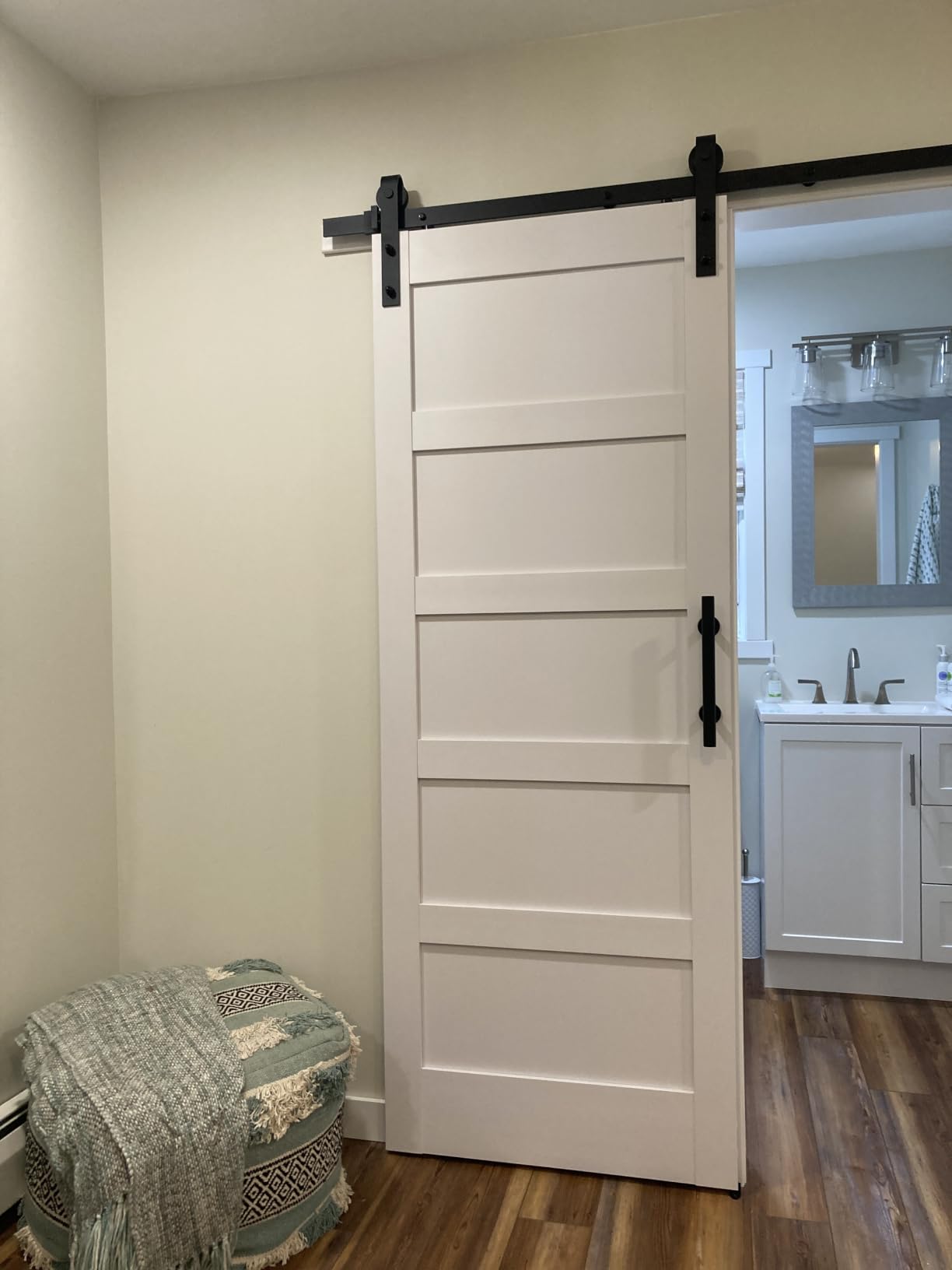 48x96 Inch White Sliding Barn Door Slab with 8ft Hardware Kit Included, 5-Panel, MDF Wood Panel Covered with Water-Proof Scratch-Proof PVC Surface, Simple DIY Assembly customer photo 1