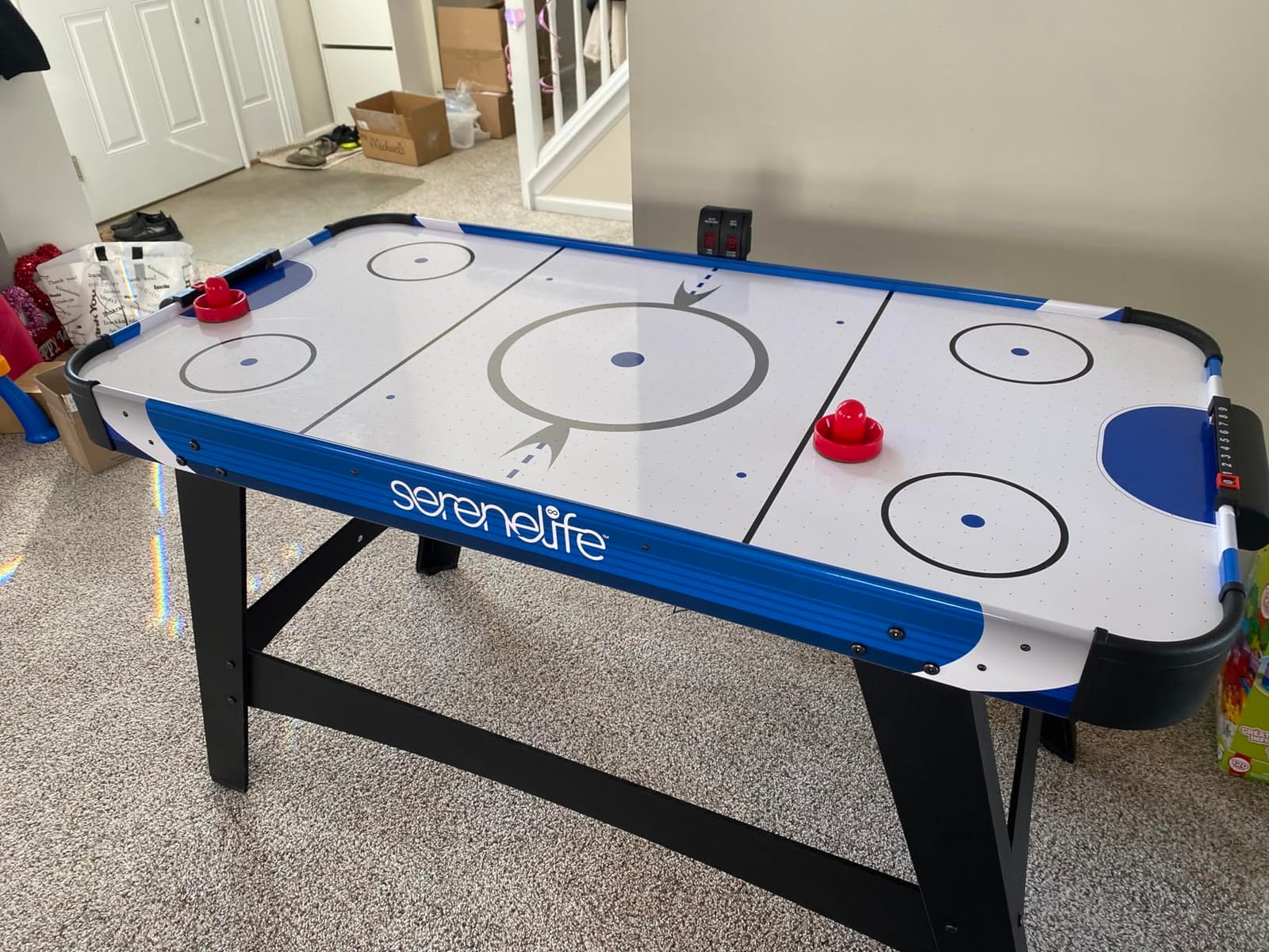 SereneLife 58in Powered Air Hockey Table Upgraded 700mA 12v 2X Powerful Motor, 4 Player 4 Pucks 2 Pushers, Full-Size Arcade Style, Inline Power Switch and Battery Free Digital LED Score Board customer photo 1