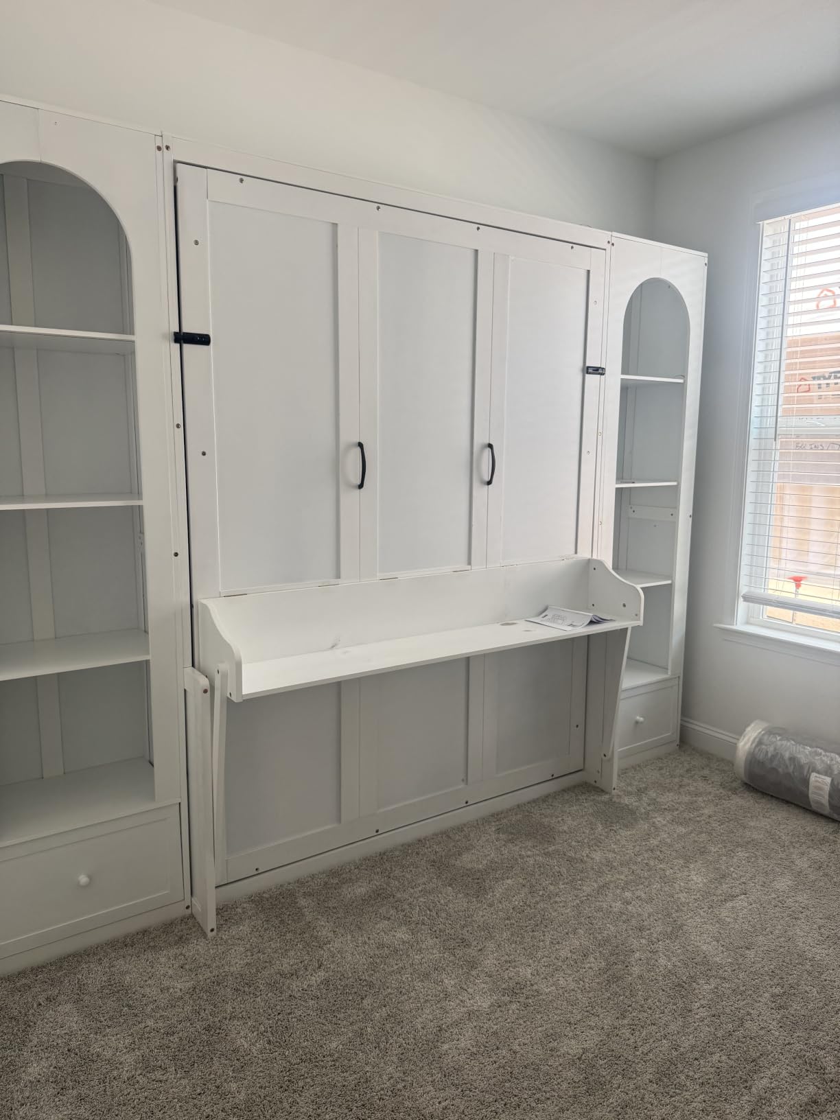 PVWIIK Queen Size Murphy Bed with Storage Shelf & Desk, White customer photo 2