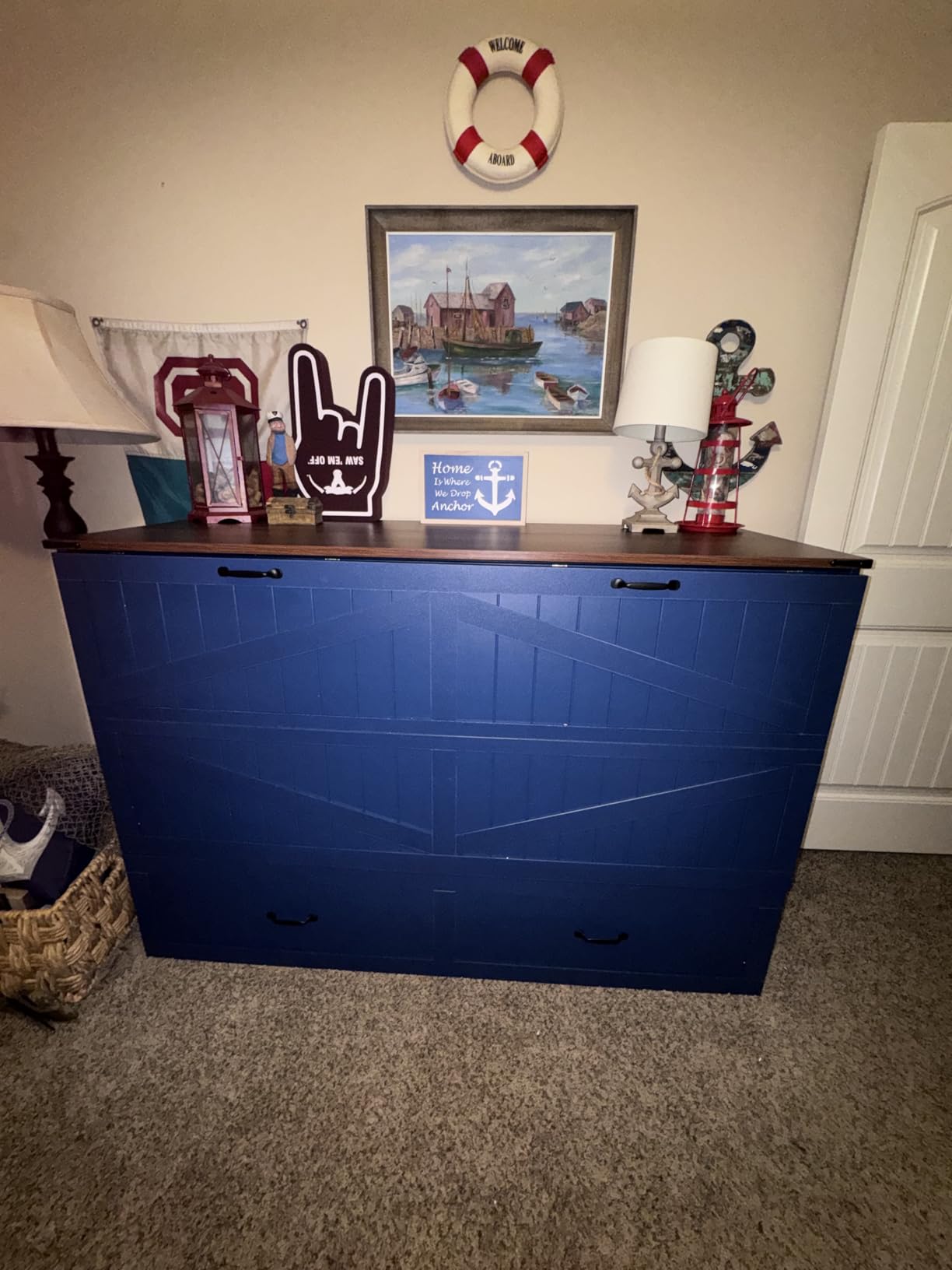 Queen Murphy Bed with Charging Station, Farmhouse Noisy-Free Foldable Cabinet Bed Frame with Storage Drawer, Space Saving Hideaway Wall Bed for Guest Bedroom, Living Room, Office, Blue customer photo 2