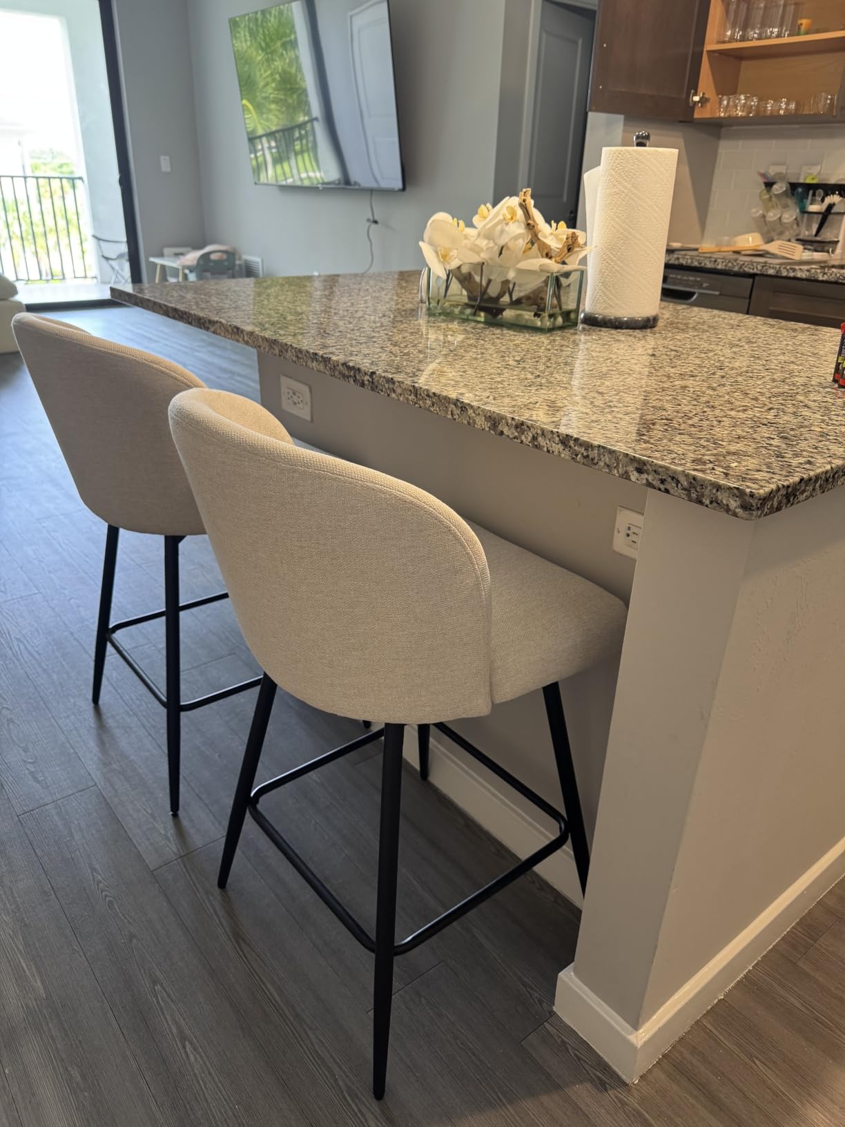 Counter Height Bar Stools Set of 2, 360° Swivel Upholstered Barstools with Backs and Metal Legs, 26