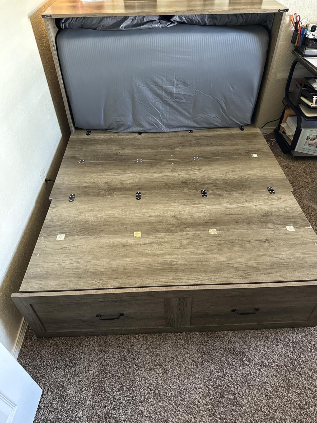 KCGKCG Queen Murphy Bed with Storage & Charging Station, Murphy Cabinet Bed with Large Storage Drawer for Guest Bedroom, Living Room, Office or Small Room, Foldable Platform Bed (Grey) customer photo 2