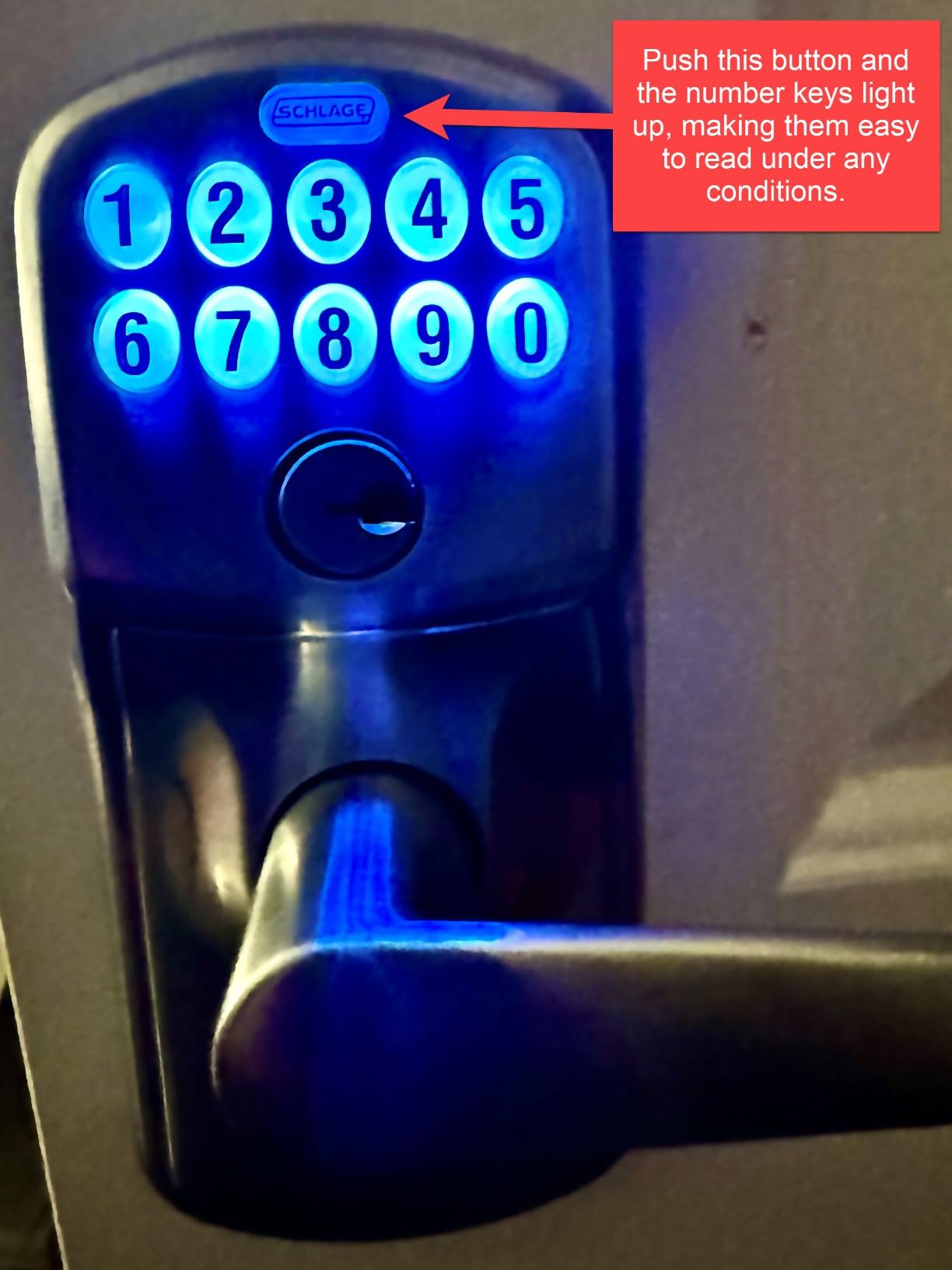 Schlage Electronic Keypad Lock, Lever Handle, Camelot Trim, Satin Chrome customer photo 2