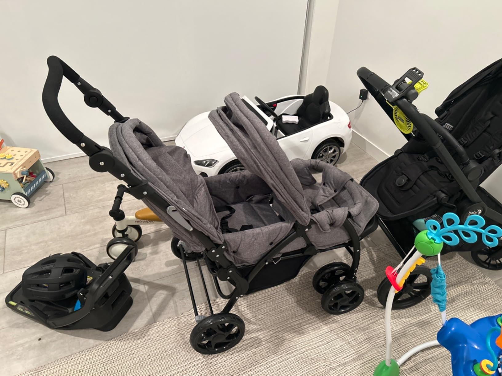 BABY JOY Double Stroller, Foldable Lightweight Twin Stroller with Tandem Seating, Adjustable Backrest/Canopy/Footrest, 5-Point Harness, Storage Basket, Newborn and Toddler (Black) customer photo 2