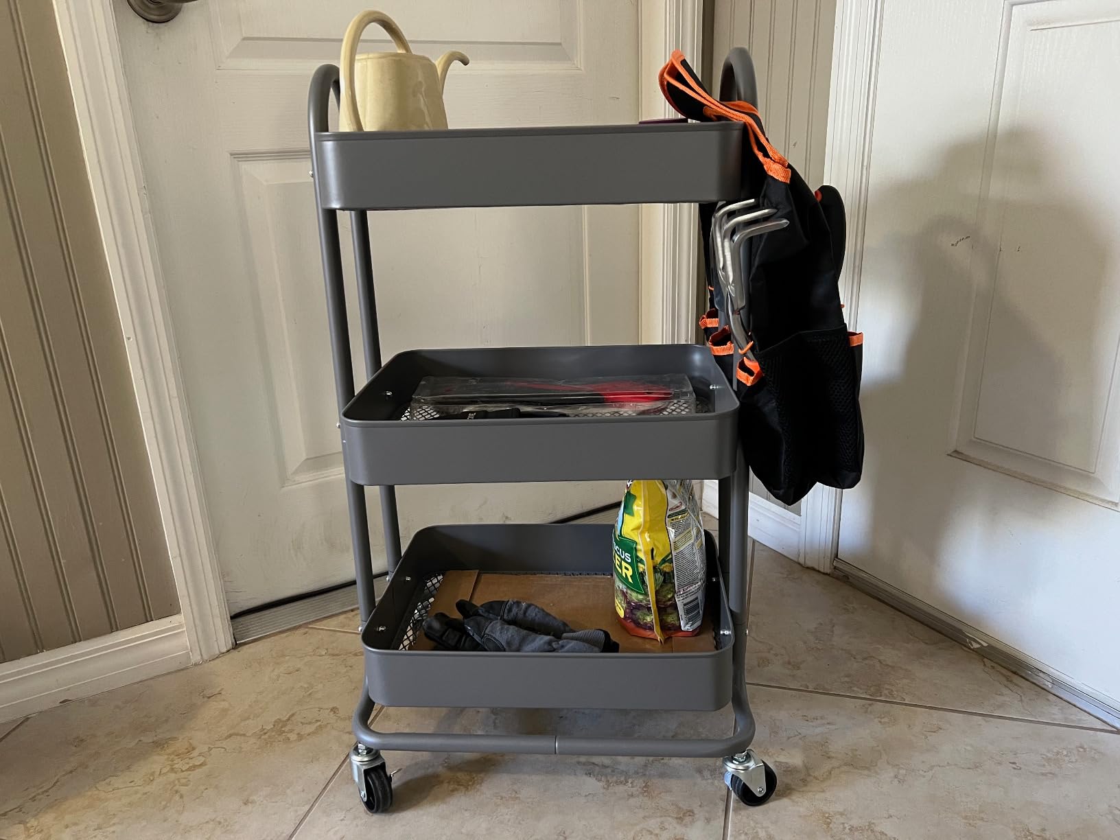 Amazon Basics 3-Tier Rolling Utility or Kitchen Cart, Lockable Wheels, Multifunctional Storage, Mobile Shelving Unit, Metal Storage Organizer, Charcoal customer photo 1