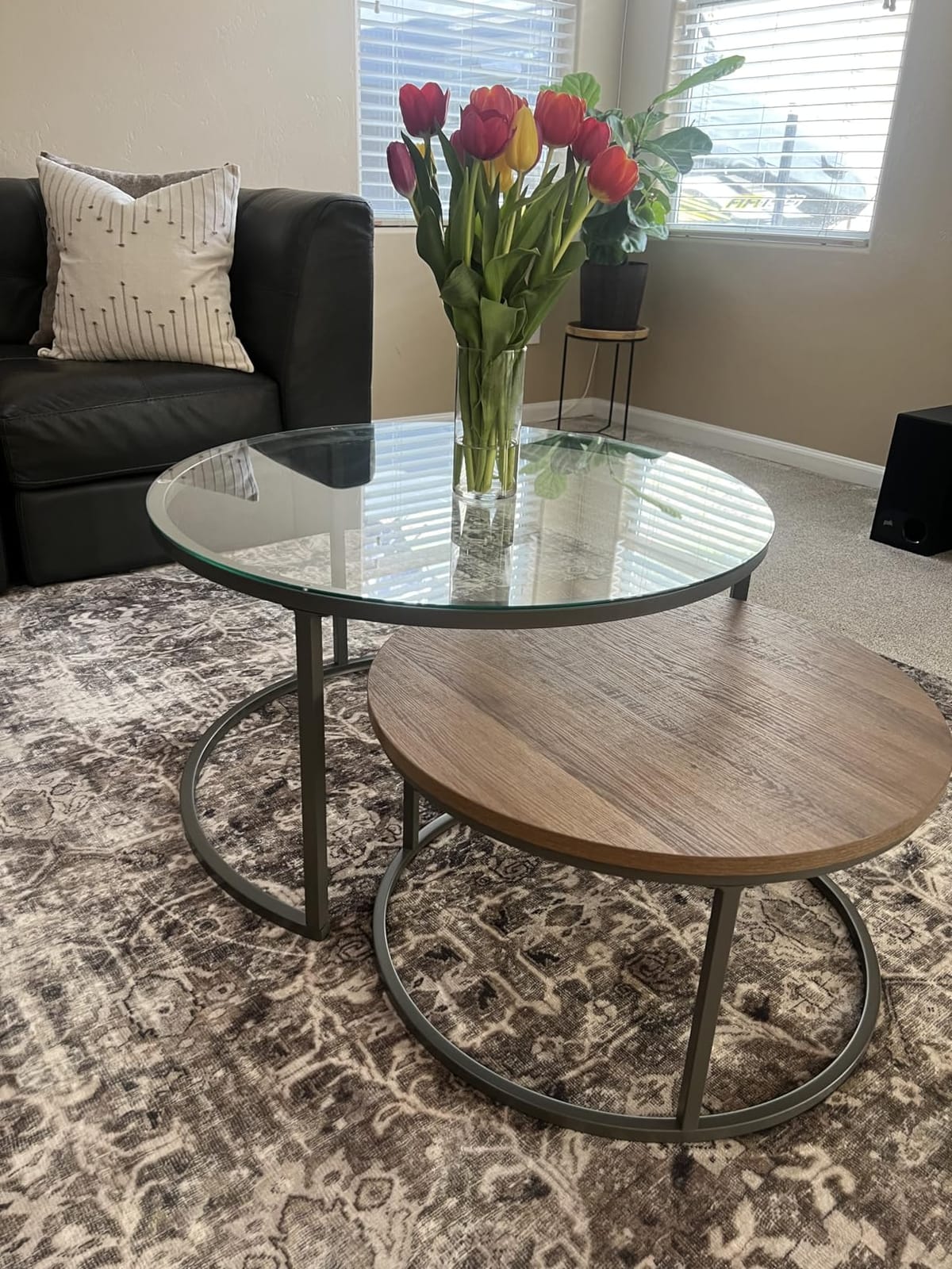 Nathan James Stella Round Modern Nesting Coffee Set of 2, Stacking Living Room Accent Tables with an Industrial Wood Finish and Powder Coated Metal Frame, Warm Nutmeg/Matte Black customer photo 1