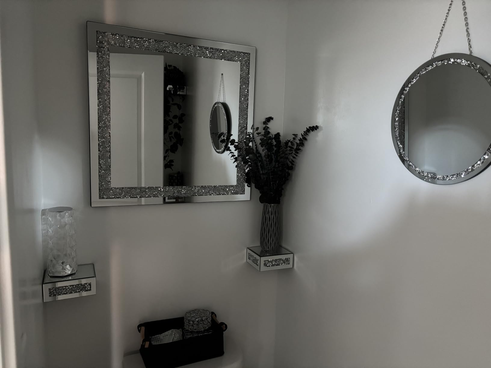 QMDECOR Round Wall Mirror 28x28 inch Crystal Crush Diamond Decor for Home Decoration Silver Mirror. customer photo 1