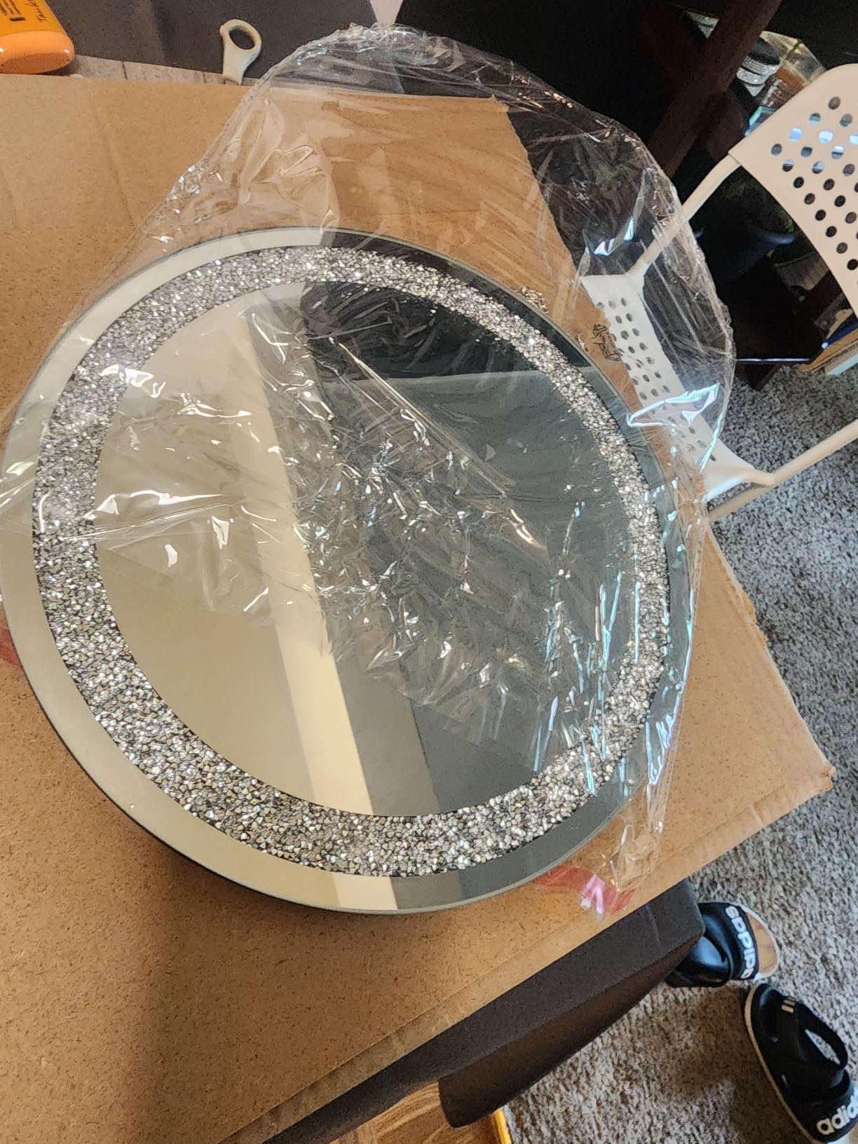 QMDECOR Round Wall Mirror 28x28 inch Crystal Crush Diamond Decor for Home Decoration Silver Mirror. customer photo 2