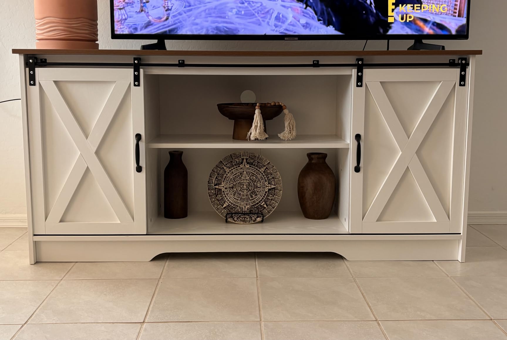 4 EVER WINNER TV Stand for 65 Inch TV for Living Room, Modern Farmhouse Barn Door TV Stand with Storage Cabinets and Adjustable Shelves for Bedroom, Media Entertainment Center TV Console Table, White customer photo 2