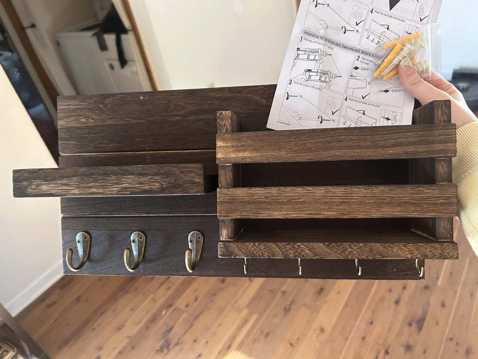 Lwenki Mail Organizer for Wall Mount – Key Holder with Shelf Includes Letter Holder and Hooks for Coats, Dog Leashes – Rustic Wood with Flush Mounting Hardware (16.5” x 8.7” x 3.5”) customer photo 1