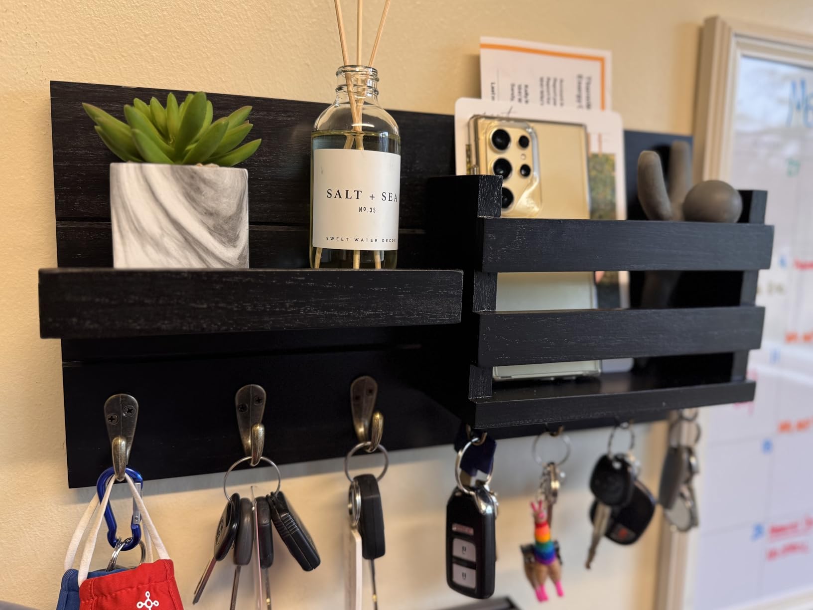 Lwenki Mail Organizer for Wall Mount – Key Holder with Shelf Includes Letter Holder and Hooks for Coats, Dog Leashes – Rustic Wood with Flush Mounting Hardware (16.5” x 8.7” x 3.5”) customer photo 2