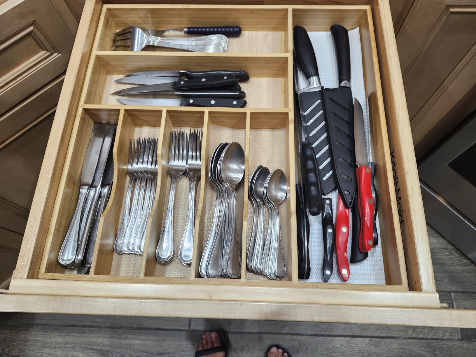 Umilife Bamboo Kitchen Drawer Organizer, 13 Inch Silverware Utensil Tray Holder, Extra Deep Grooved Drawer Divider, 7 Slots Total Bamboo Wood Caddy for Flatware Cutlery Knives, Forks, Spoons customer photo 1