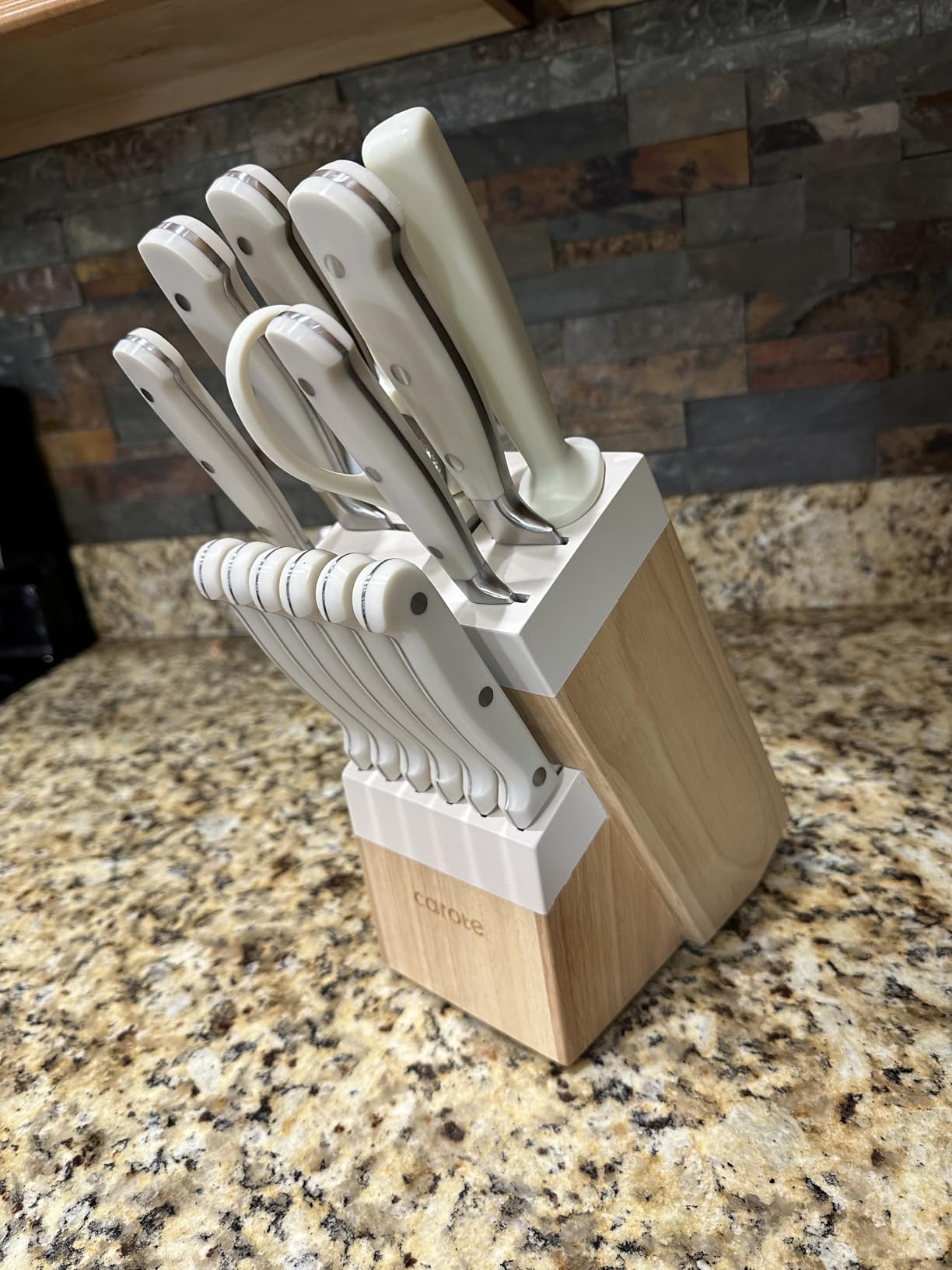 CAROTE 14-Piece Knife Set with Wood Block, Rust-Resistant, Cream customer photo 2